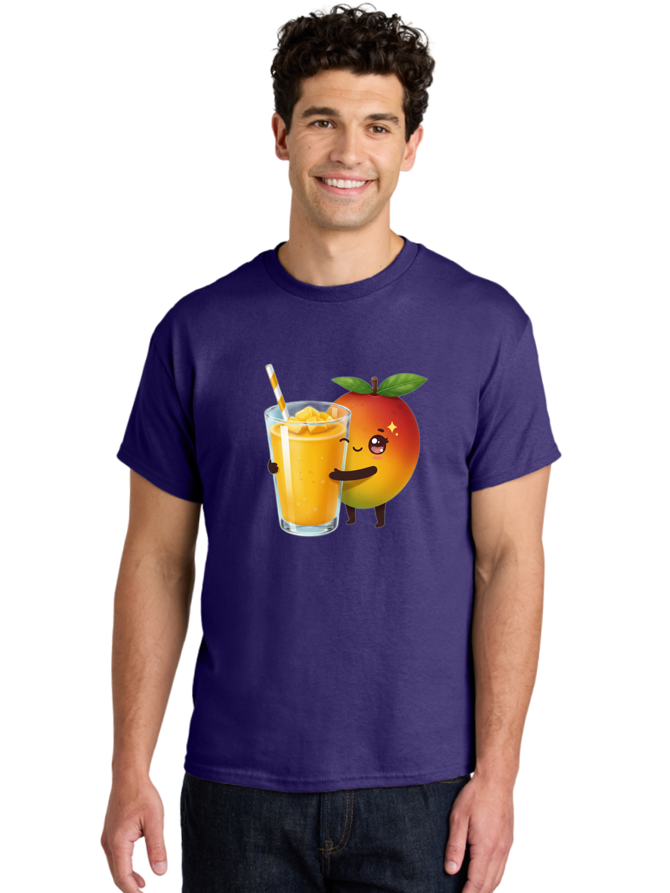 Mango-Smoothie Men'S Graphic Tee, 100% Cotton, Comfortable Casual Summer Wear, Machine Washable, Mango Smoothie, Orange Drink, Cartoon Fruit, Yellow Beverage, Glass With Straw, Mango Chunks, Fruit Character, Healthy Drink, Refreshing Beverage, Bac160
