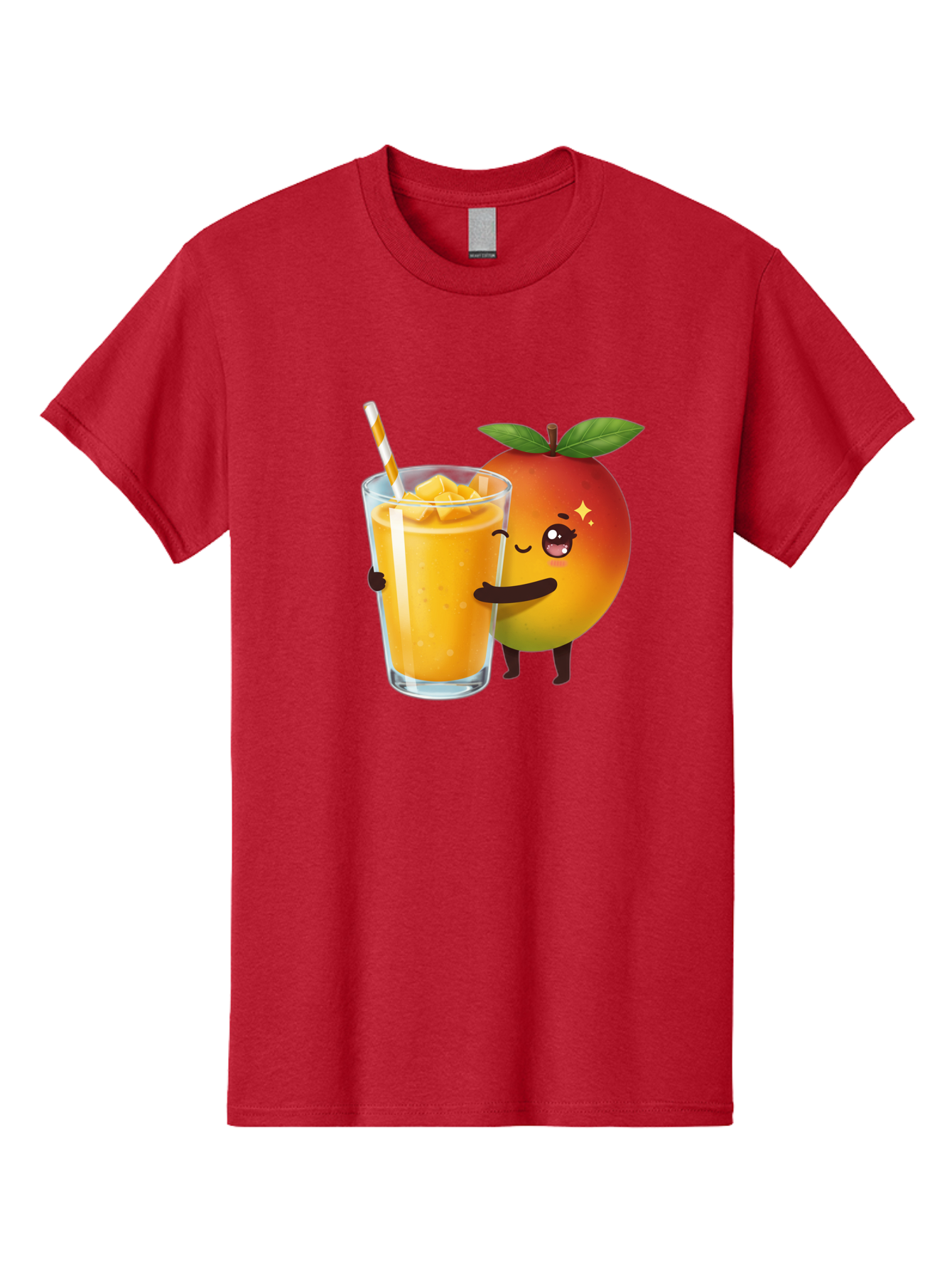 Mango-Smoothie Men'S Graphic Tee, 100% Cotton, Comfortable Casual Summer Wear, Machine Washable, Mango Smoothie, Orange Drink, Cartoon Fruit, Yellow Beverage, Glass With Straw, Mango Chunks, Fruit Character, Healthy Drink, Refreshing Beverage, Bac160