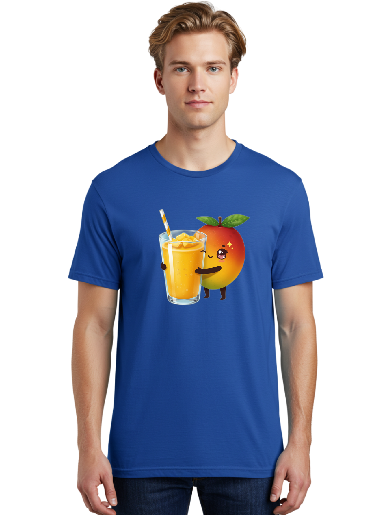 Mango-Smoothie Men'S Graphic Tee, 100% Cotton, Comfortable Casual Summer Wear, Machine Washable, Mango Smoothie, Orange Drink, Cartoon Fruit, Yellow Beverage, Glass With Straw, Mango Chunks, Fruit Character, Healthy Drink, Refreshing Beverage, Bac160
