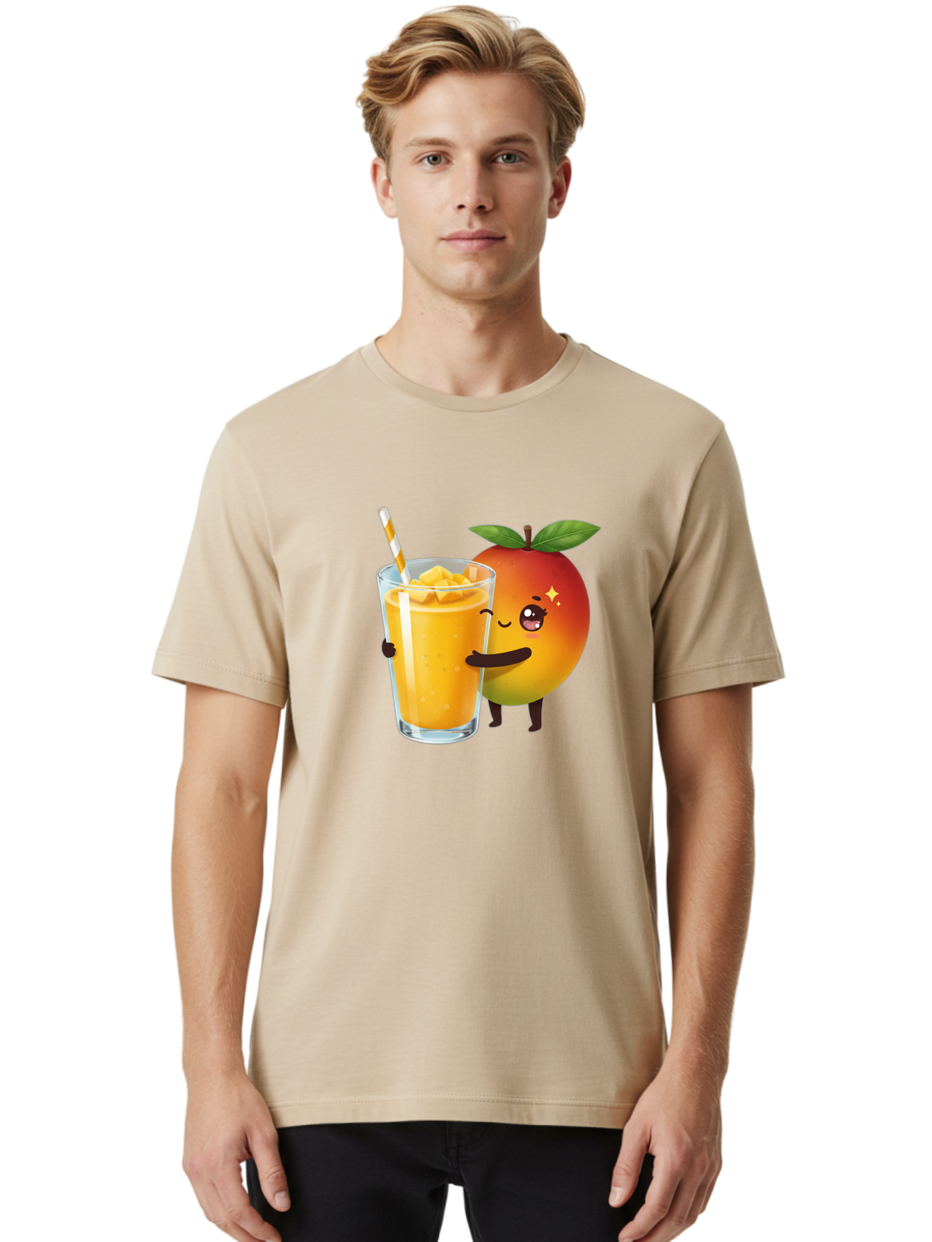 Mango-Smoothie Men'S Graphic Tee, 100% Cotton, Comfortable Casual Summer Wear, Machine Washable, Mango Smoothie, Orange Drink, Cartoon Fruit, Yellow Beverage, Glass With Straw, Mango Chunks, Fruit Character, Healthy Drink, Refreshing Beverage, Bac160