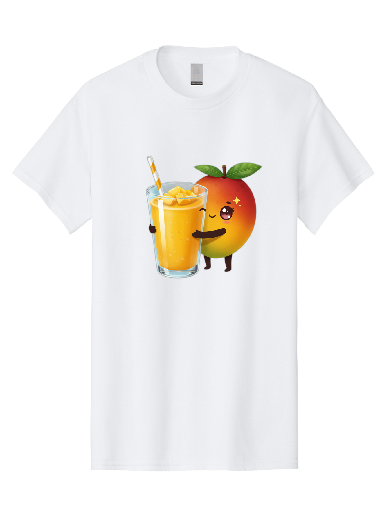 Mango-Smoothie Men'S Graphic Tee, 100% Cotton, Comfortable Casual Summer Wear, Machine Washable, Mango Smoothie, Orange Drink, Cartoon Fruit, Yellow Beverage, Glass With Straw, Mango Chunks, Fruit Character, Healthy Drink, Refreshing Beverage, Bac160
