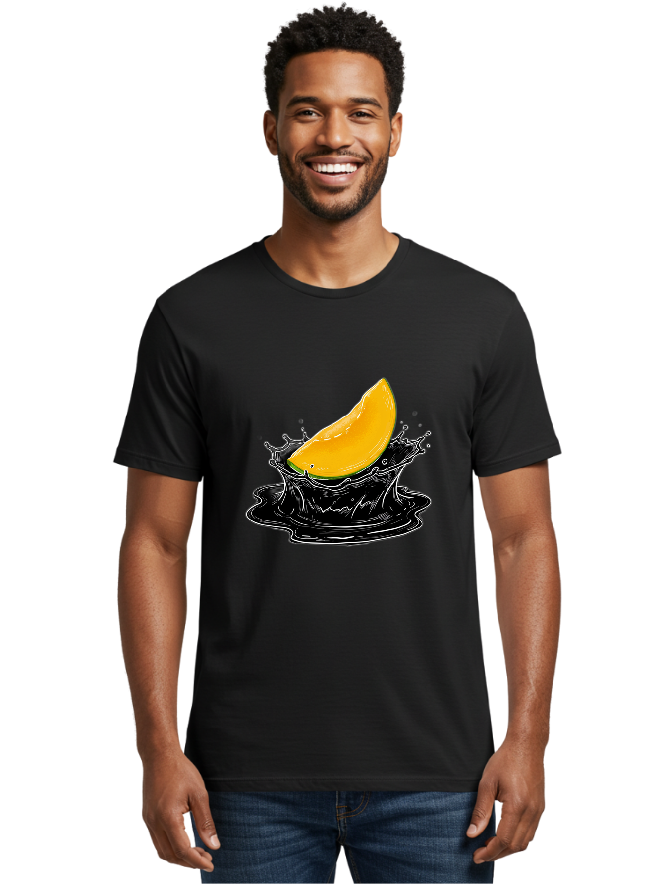Mango-Splash-3 Men'S Graphic Tee, 100% Cotton, Comfortable Casual Summer Wear, Machine Washable, Mango Slice, Splash Effect, Black Liquid, Vibrant Yellow, Juicy Texture, Fruit Illustration, Dynamic Splash, Abstract Art Bac163