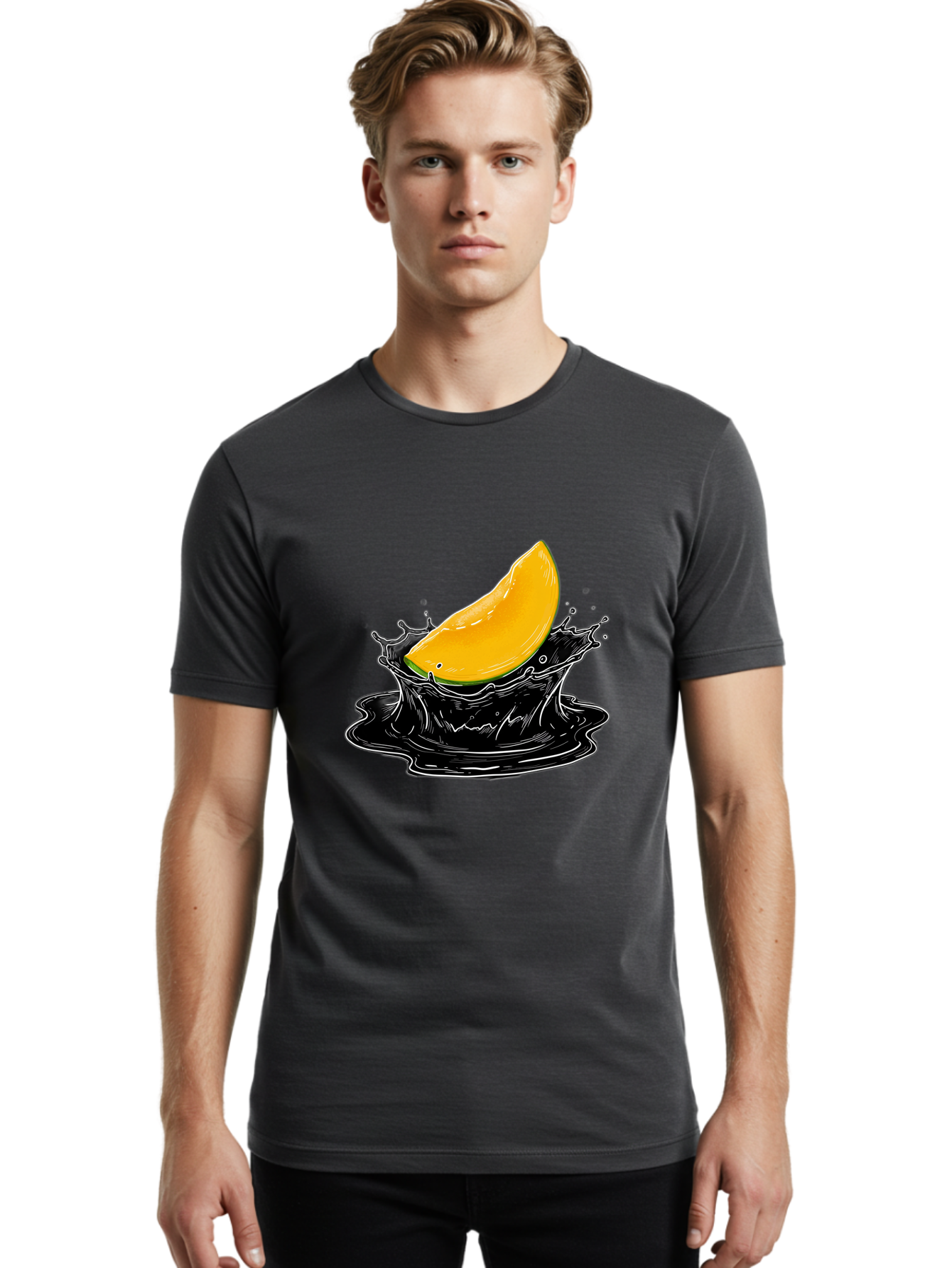 Mango-Splash-3 Men'S Graphic Tee, 100% Cotton, Comfortable Casual Summer Wear, Machine Washable, Mango Slice, Splash Effect, Black Liquid, Vibrant Yellow, Juicy Texture, Fruit Illustration, Dynamic Splash, Abstract Art Bac163
