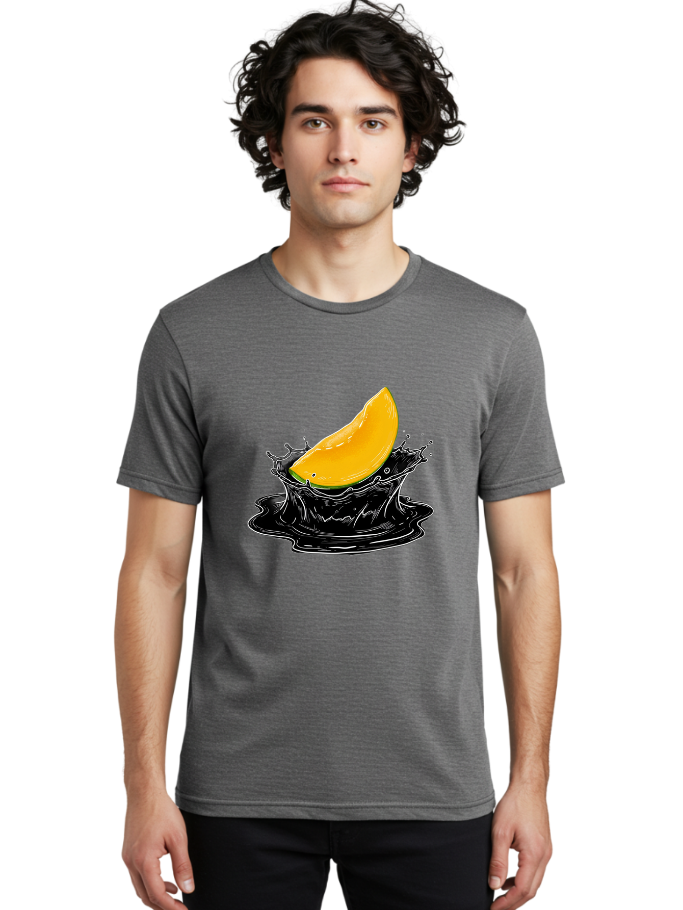 Mango-Splash-3 Men'S Graphic Tee, 100% Cotton, Comfortable Casual Summer Wear, Machine Washable, Mango Slice, Splash Effect, Black Liquid, Vibrant Yellow, Juicy Texture, Fruit Illustration, Dynamic Splash, Abstract Art Bac163