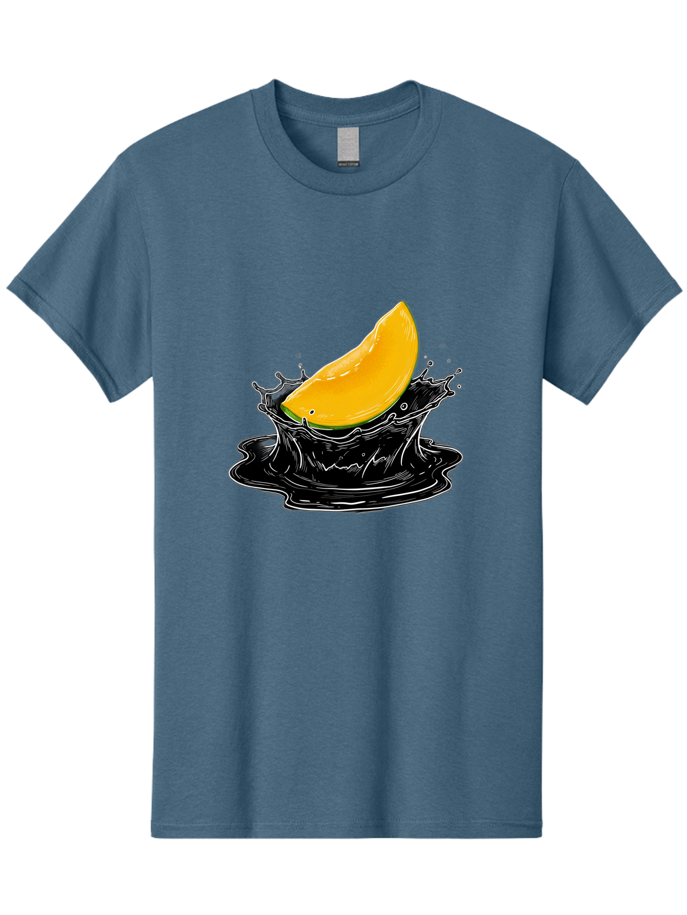 Mango-Splash-3 Men'S Graphic Tee, 100% Cotton, Comfortable Casual Summer Wear, Machine Washable, Mango Slice, Splash Effect, Black Liquid, Vibrant Yellow, Juicy Texture, Fruit Illustration, Dynamic Splash, Abstract Art Bac163