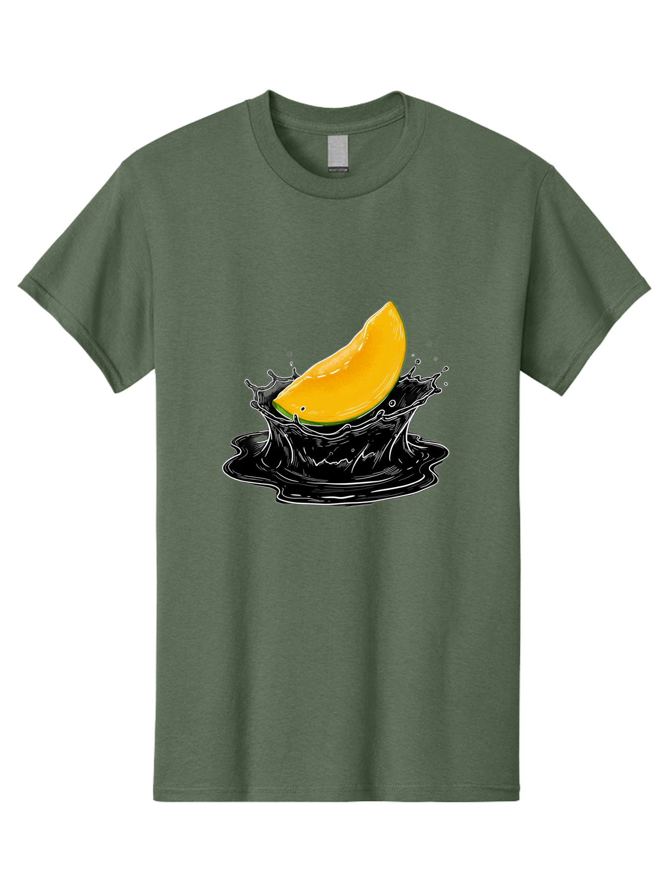 Mango-Splash-3 Men'S Graphic Tee, 100% Cotton, Comfortable Casual Summer Wear, Machine Washable, Mango Slice, Splash Effect, Black Liquid, Vibrant Yellow, Juicy Texture, Fruit Illustration, Dynamic Splash, Abstract Art Bac163