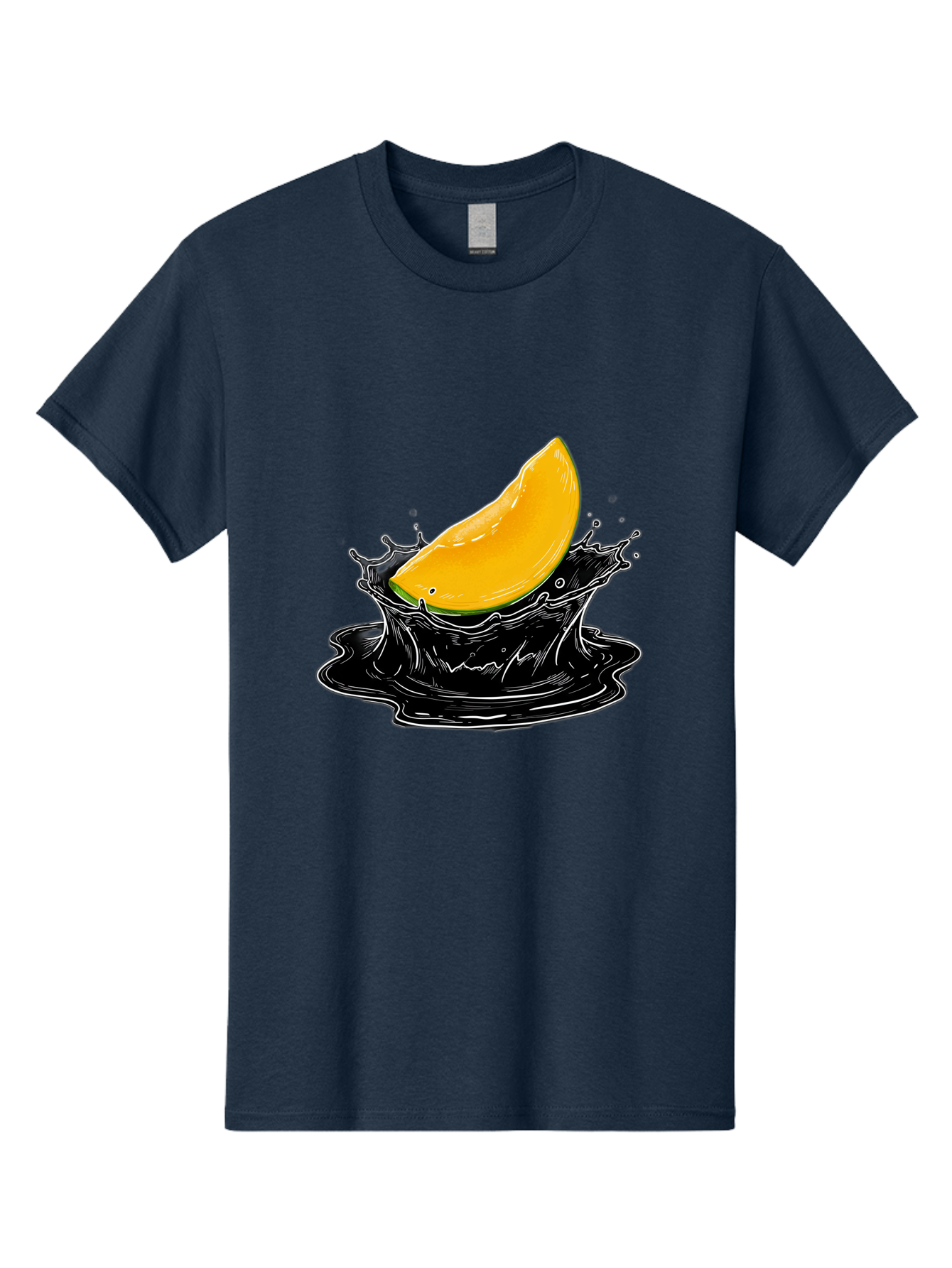 Mango-Splash-3 Men'S Graphic Tee, 100% Cotton, Comfortable Casual Summer Wear, Machine Washable, Mango Slice, Splash Effect, Black Liquid, Vibrant Yellow, Juicy Texture, Fruit Illustration, Dynamic Splash, Abstract Art Bac163