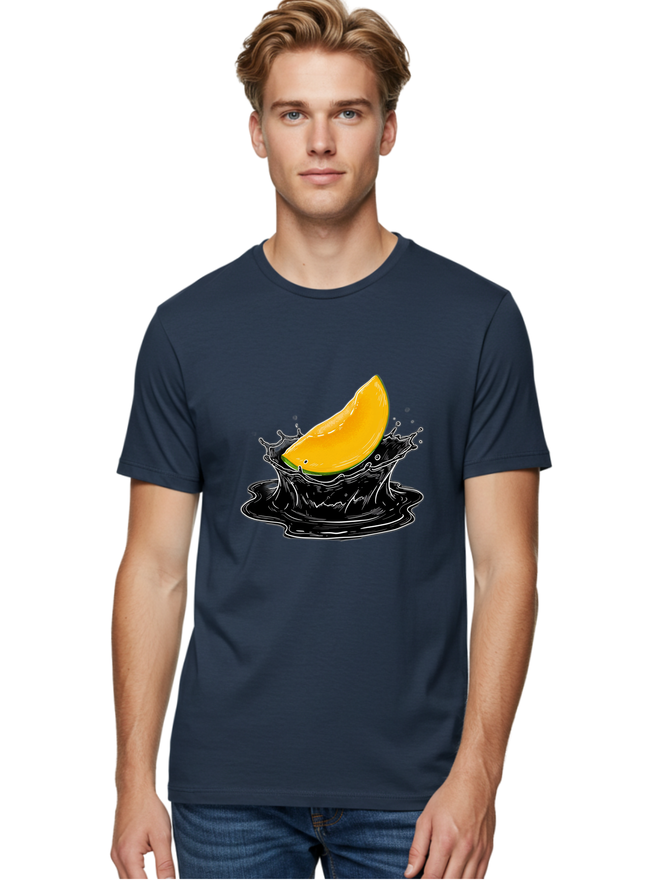 Mango-Splash-3 Men'S Graphic Tee, 100% Cotton, Comfortable Casual Summer Wear, Machine Washable, Mango Slice, Splash Effect, Black Liquid, Vibrant Yellow, Juicy Texture, Fruit Illustration, Dynamic Splash, Abstract Art Bac163
