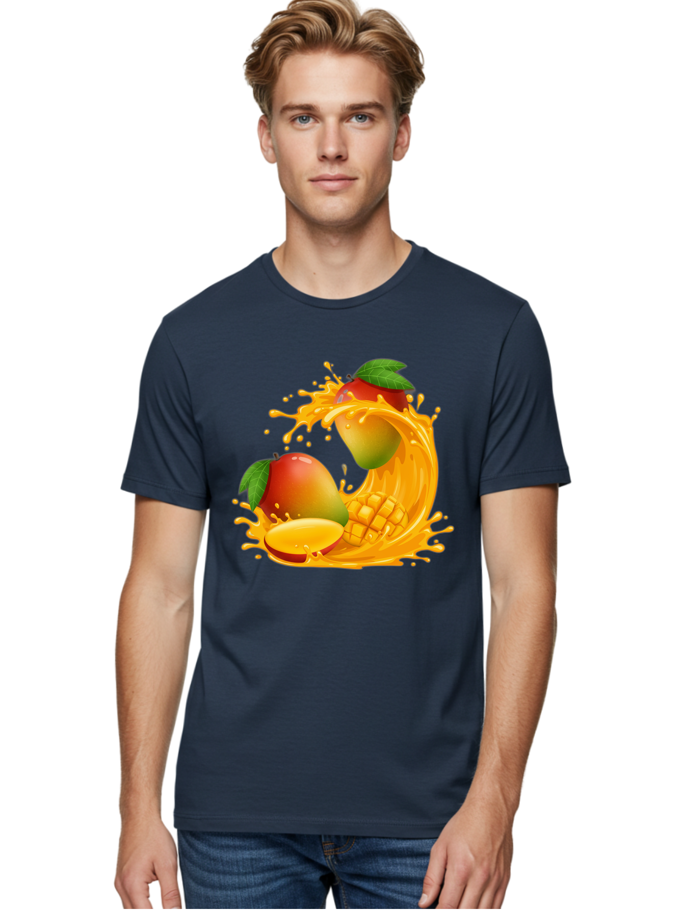 Mango-Splash-4 Men'S Graphic Tee, 100% Cotton, Comfortable Casual Summer Wear, Machine Washable, Mango Fruit, Juicy Mango, Mango Slice, Mango Juice Splash, Mango Chunks, Fresh Mango, Ripe Mango, Tropical Fruit Bac164