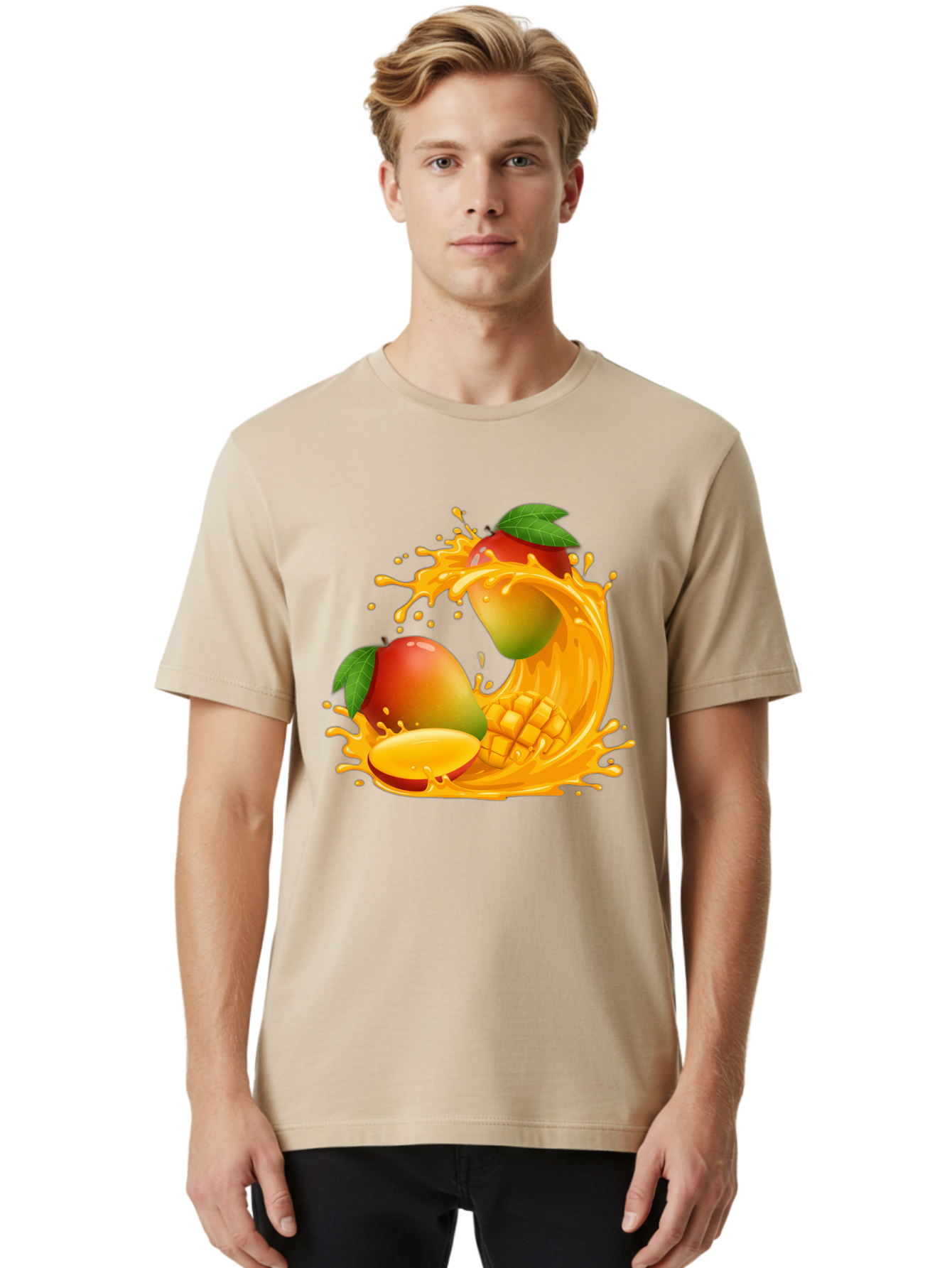 Mango-Splash-4 Men'S Graphic Tee, 100% Cotton, Comfortable Casual Summer Wear, Machine Washable, Mango Fruit, Juicy Mango, Mango Slice, Mango Juice Splash, Mango Chunks, Fresh Mango, Ripe Mango, Tropical Fruit Bac164