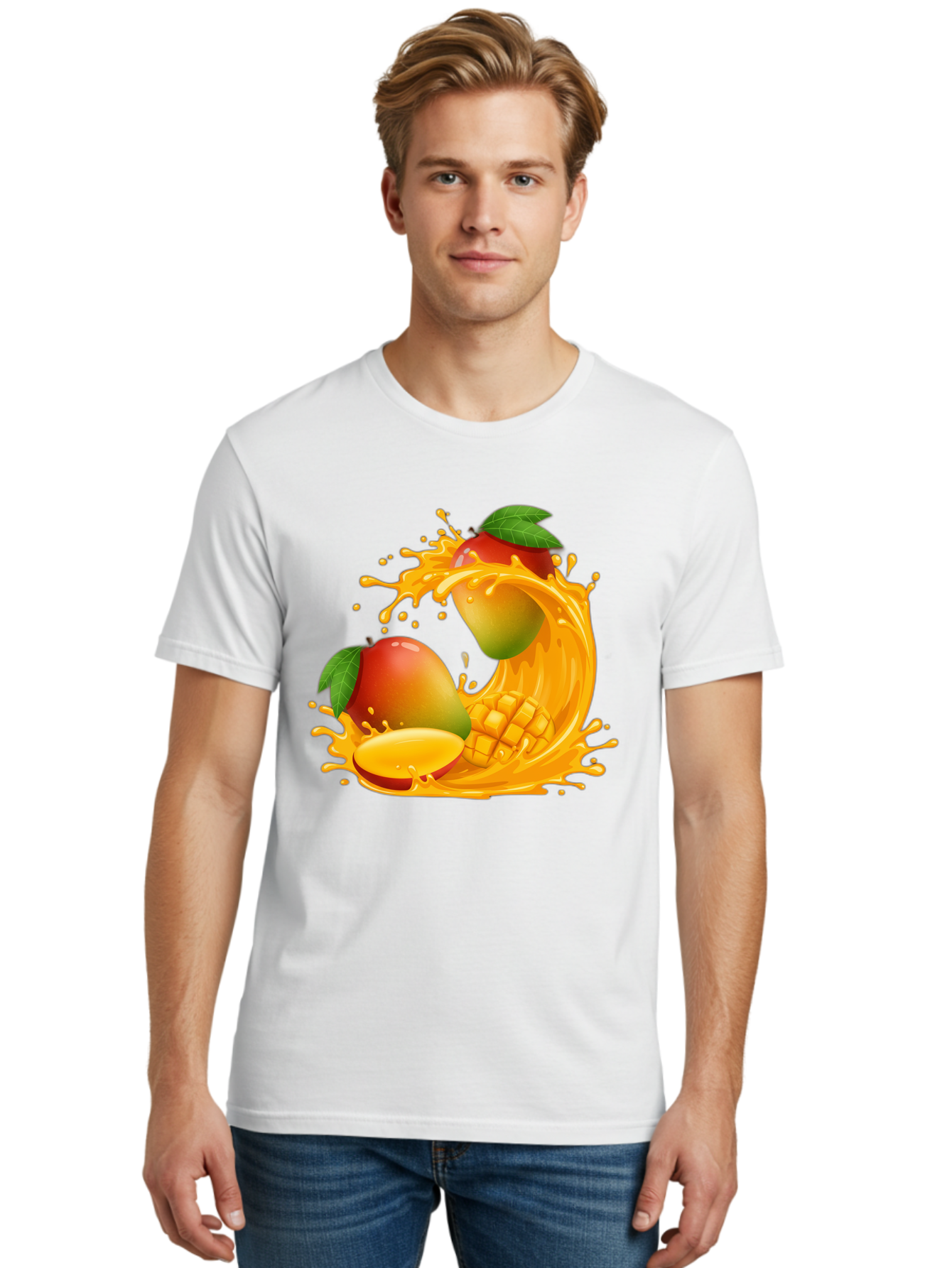 Mango-Splash-4 Men'S Graphic Tee, 100% Cotton, Comfortable Casual Summer Wear, Machine Washable, Mango Fruit, Juicy Mango, Mango Slice, Mango Juice Splash, Mango Chunks, Fresh Mango, Ripe Mango, Tropical Fruit Bac164