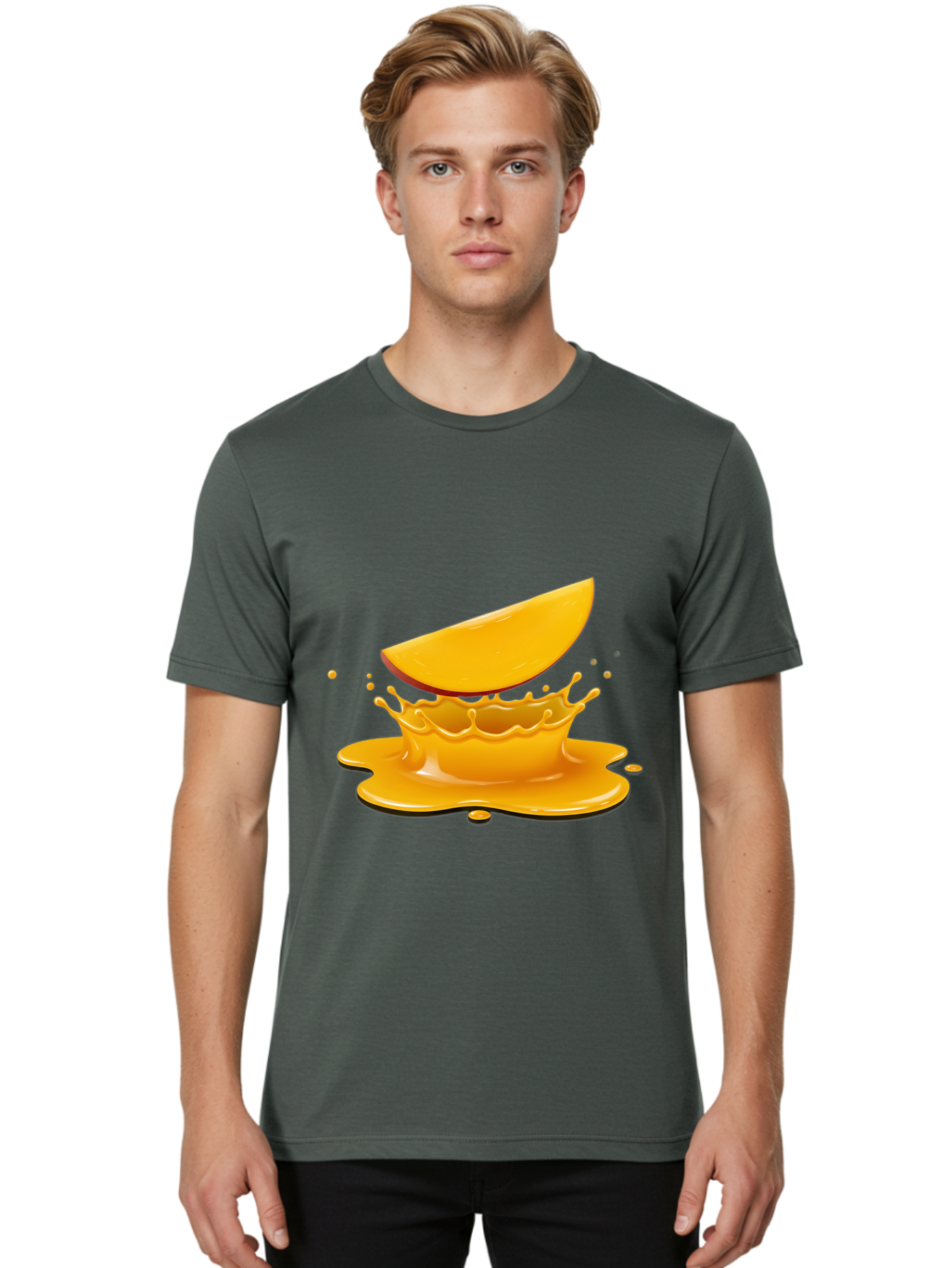 Mango-Splash Men'S Graphic Tee, 100% Cotton, Comfortable Casual Summer Wear, Machine Washable, Mango Slice, Juice Splash, Vibrant Orange, Fruity Scene, Splashing Juice, Summer Drink, Tropical Flavors, Refreshing Drink, Healthy Snack Bac165