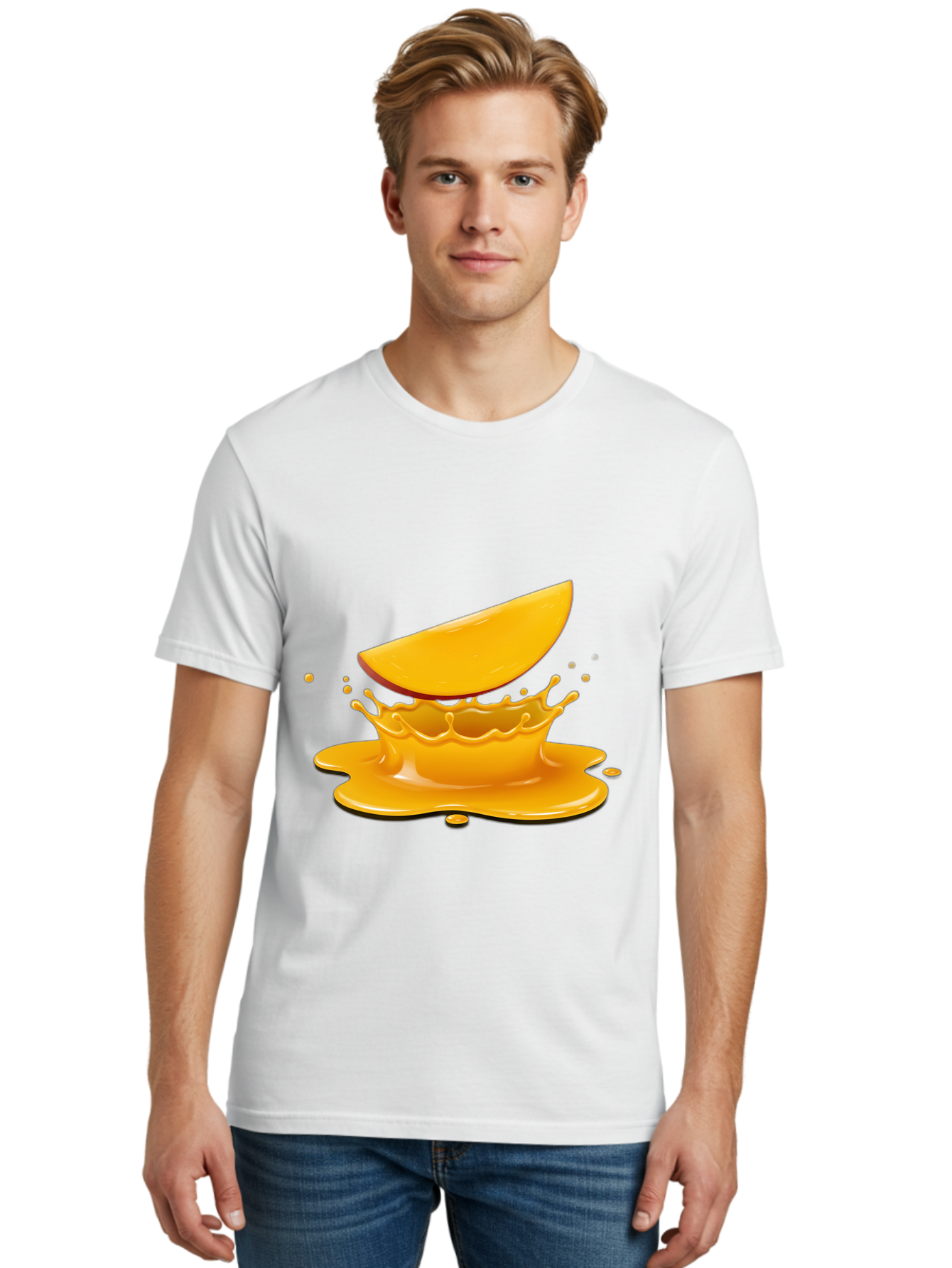 Mango-Splash Men'S Graphic Tee, 100% Cotton, Comfortable Casual Summer Wear, Machine Washable, Mango Slice, Juice Splash, Vibrant Orange, Fruity Scene, Splashing Juice, Summer Drink, Tropical Flavors, Refreshing Drink, Healthy Snack Bac165