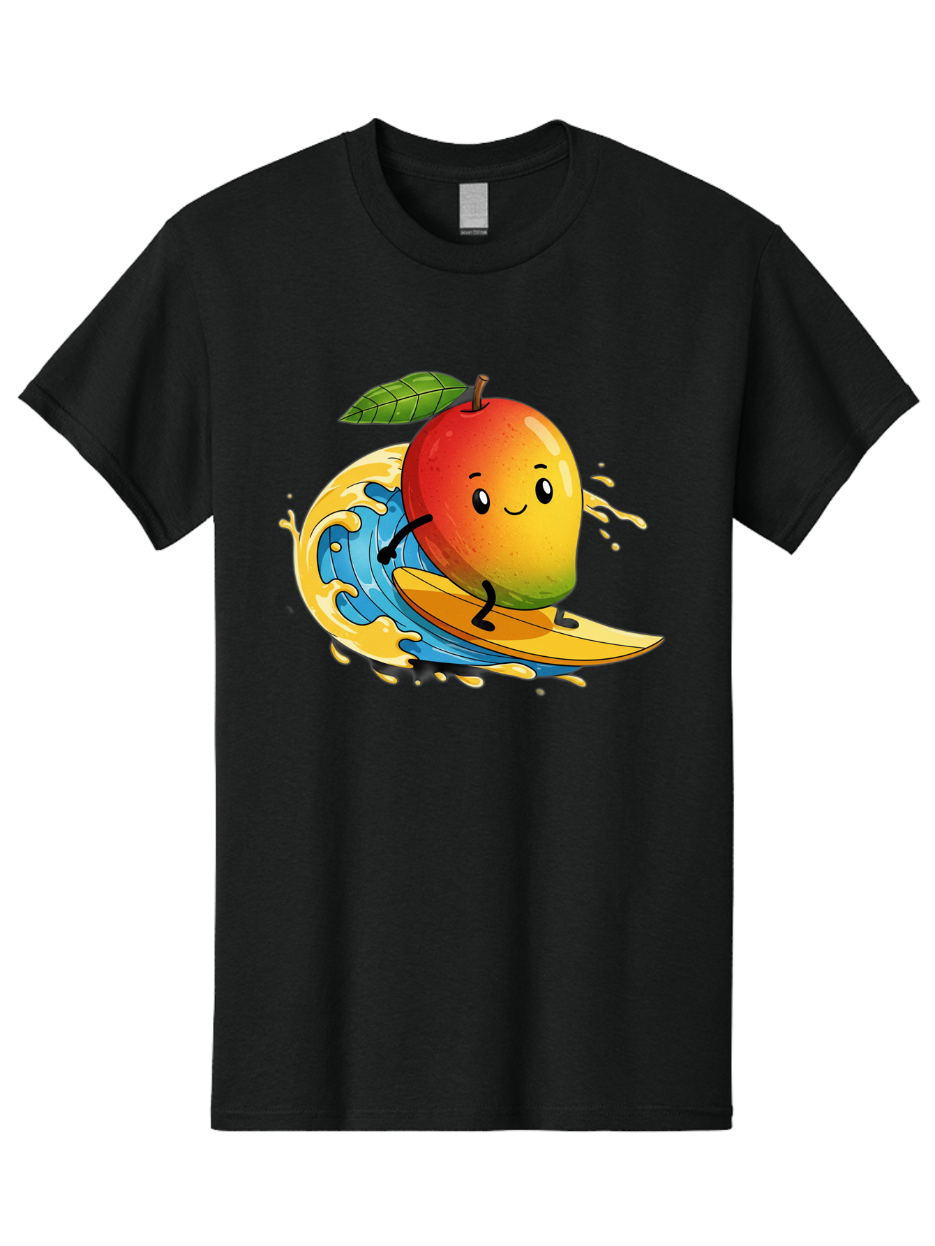 Mango-Surfing-1 Men'S Graphic Tee, 100% Cotton, Comfortable Casual Summer Wear, Machine Washable, Mango On Surfboard, Surfing Wave, Cartoon Fruit, Summer Fun, Beach Activity, Tropical Vibes, Happy Mango, Fruit Character, Playful Illustration Bac166