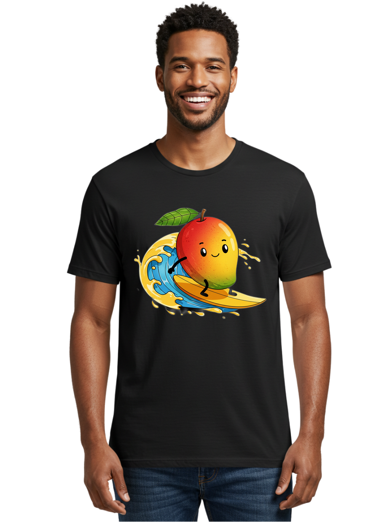 Mango-Surfing-1 Men'S Graphic Tee, 100% Cotton, Comfortable Casual Summer Wear, Machine Washable, Mango On Surfboard, Surfing Wave, Cartoon Fruit, Summer Fun, Beach Activity, Tropical Vibes, Happy Mango, Fruit Character, Playful Illustration Bac166