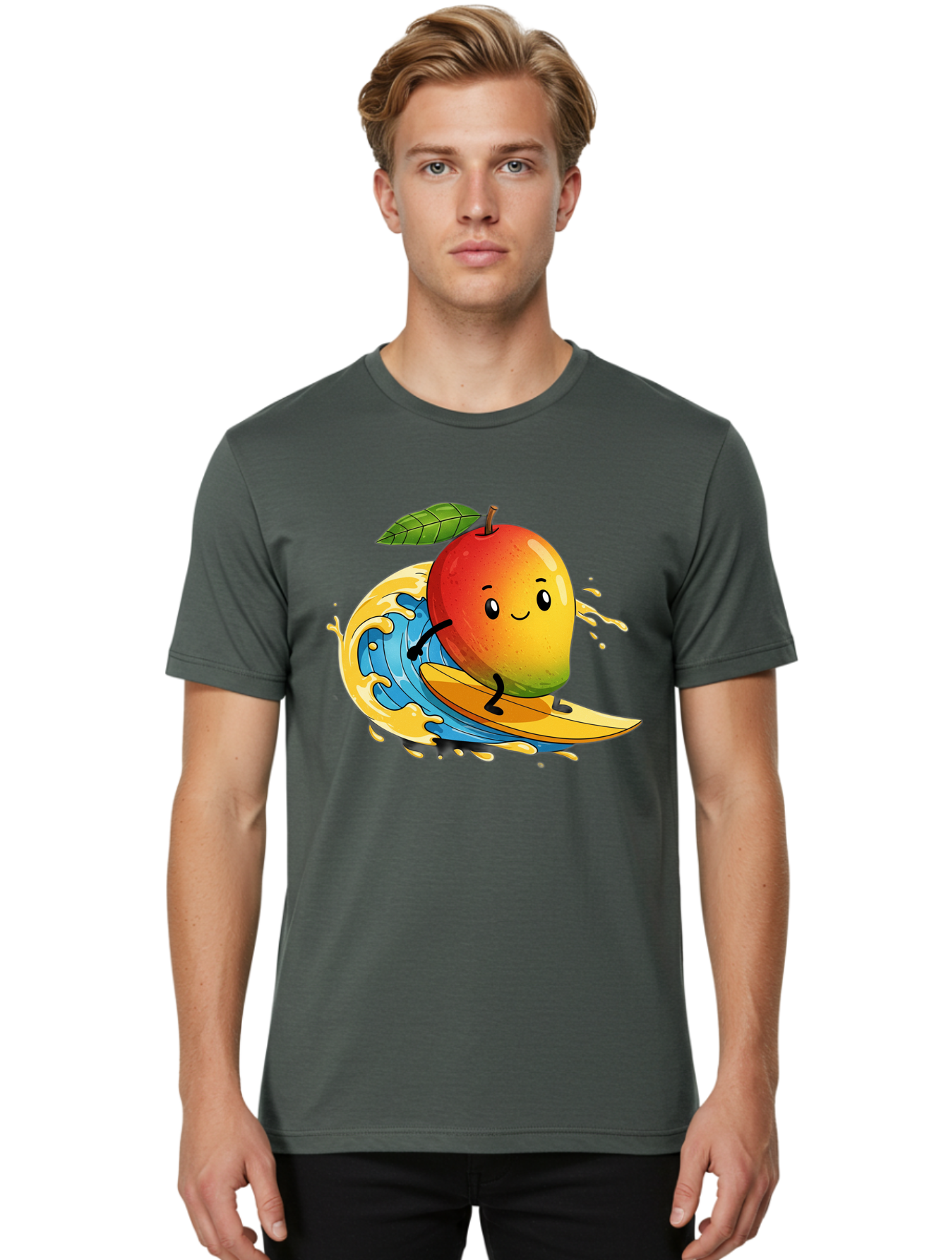 Mango-Surfing-1 Men'S Graphic Tee, 100% Cotton, Comfortable Casual Summer Wear, Machine Washable, Mango On Surfboard, Surfing Wave, Cartoon Fruit, Summer Fun, Beach Activity, Tropical Vibes, Happy Mango, Fruit Character, Playful Illustration Bac166