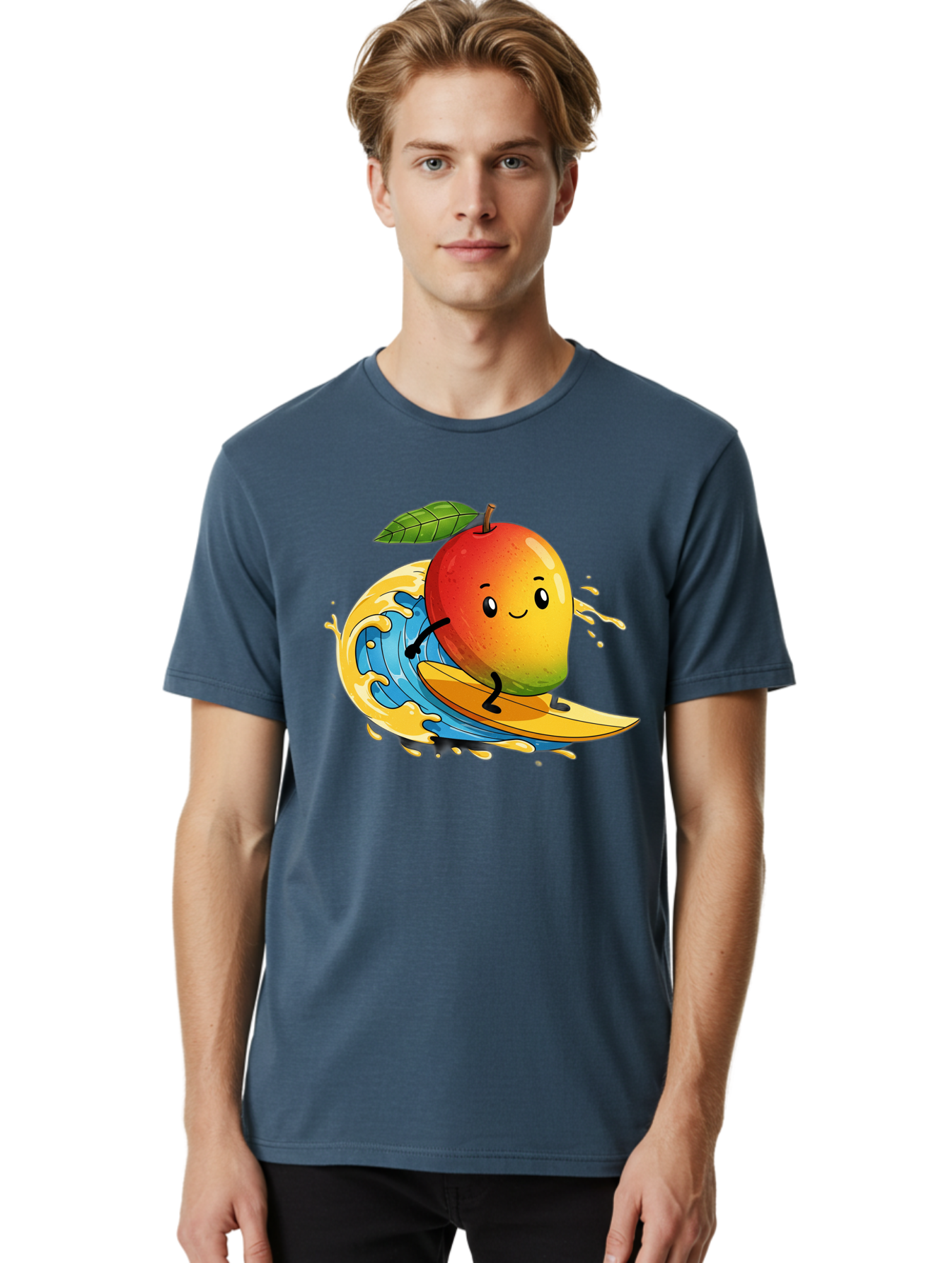 Mango-Surfing-1 Men'S Graphic Tee, 100% Cotton, Comfortable Casual Summer Wear, Machine Washable, Mango On Surfboard, Surfing Wave, Cartoon Fruit, Summer Fun, Beach Activity, Tropical Vibes, Happy Mango, Fruit Character, Playful Illustration Bac166
