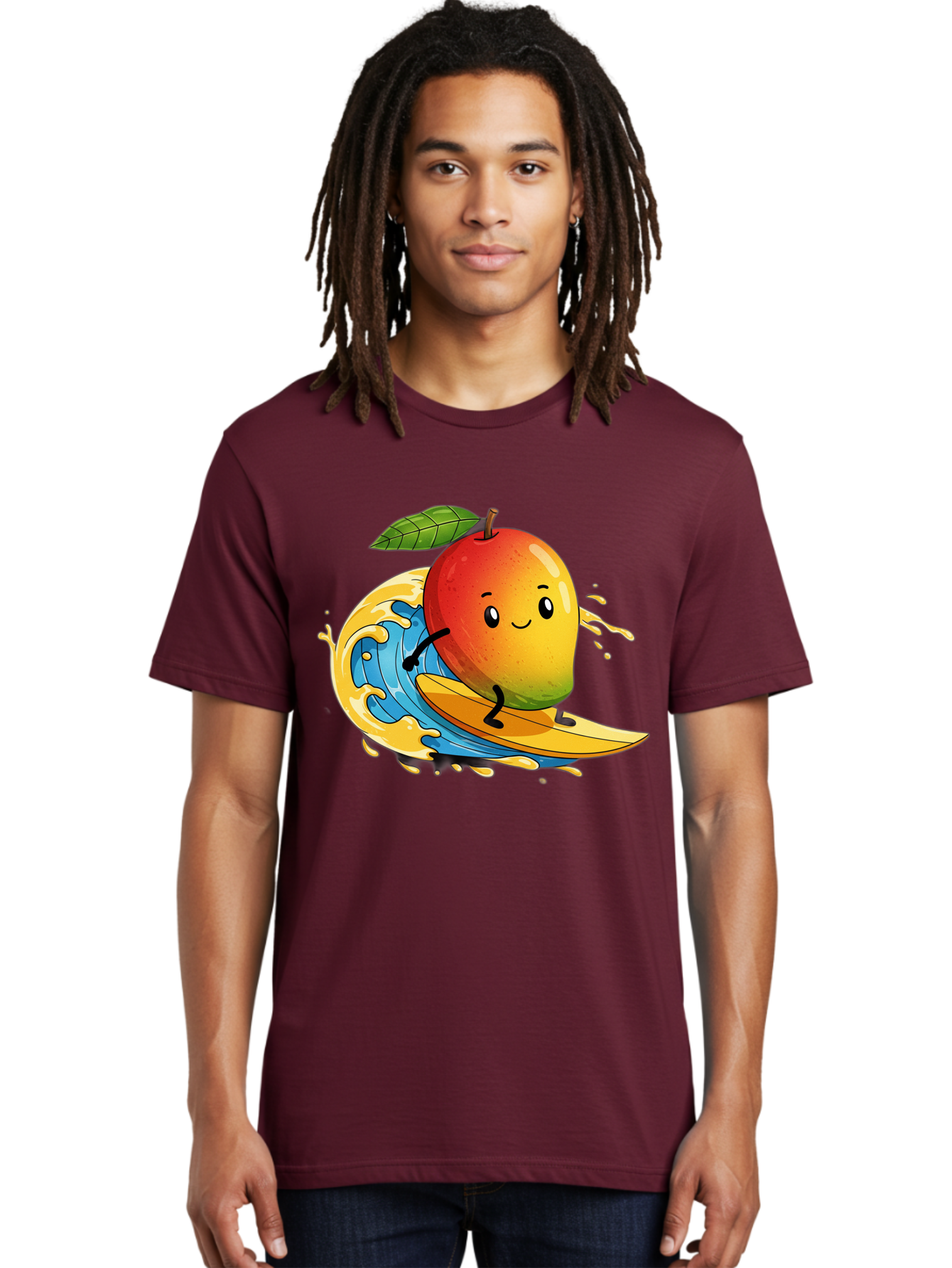 Mango-Surfing-1 Men'S Graphic Tee, 100% Cotton, Comfortable Casual Summer Wear, Machine Washable, Mango On Surfboard, Surfing Wave, Cartoon Fruit, Summer Fun, Beach Activity, Tropical Vibes, Happy Mango, Fruit Character, Playful Illustration Bac166
