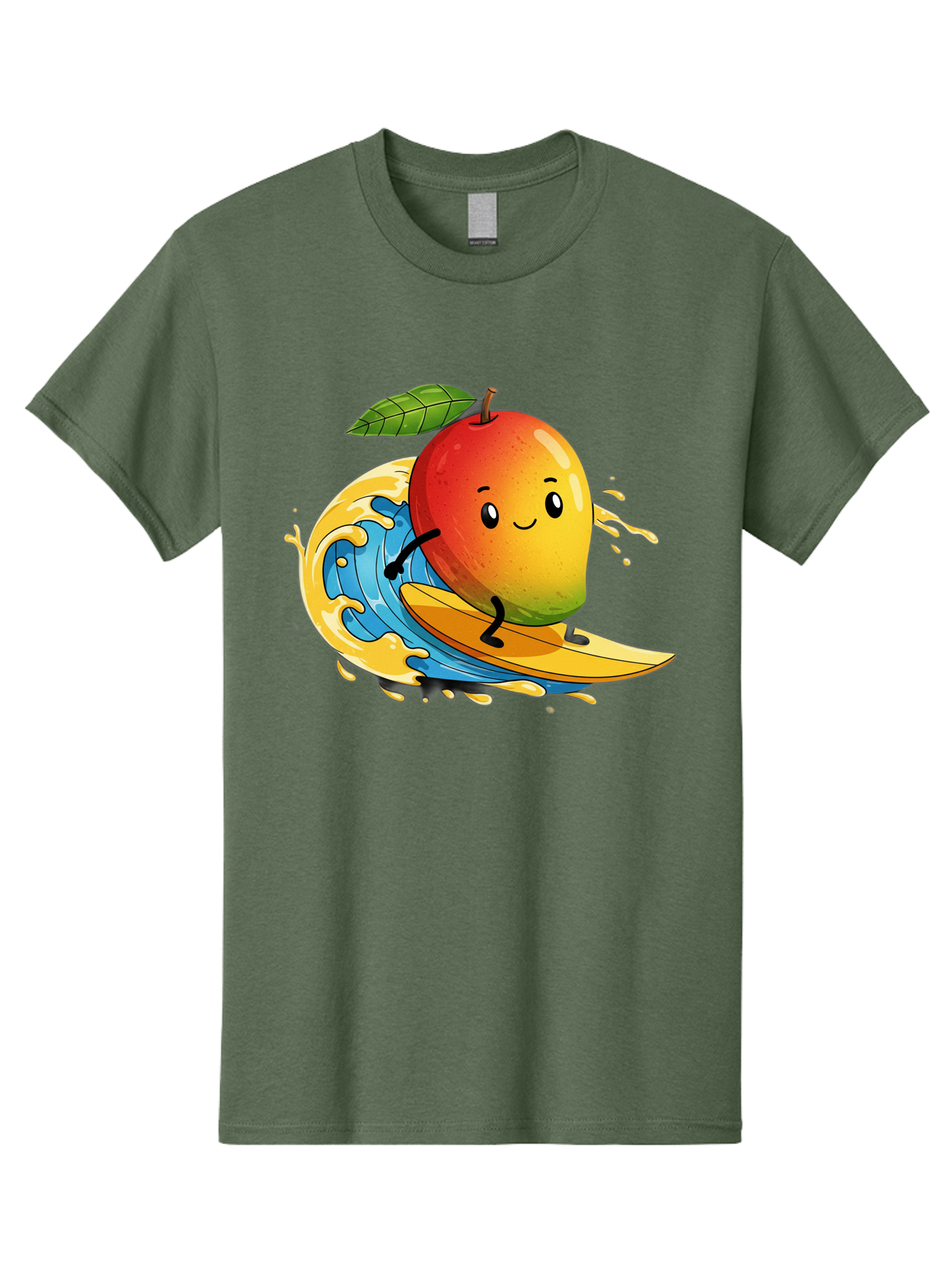 Mango-Surfing-1 Men'S Graphic Tee, 100% Cotton, Comfortable Casual Summer Wear, Machine Washable, Mango On Surfboard, Surfing Wave, Cartoon Fruit, Summer Fun, Beach Activity, Tropical Vibes, Happy Mango, Fruit Character, Playful Illustration Bac166