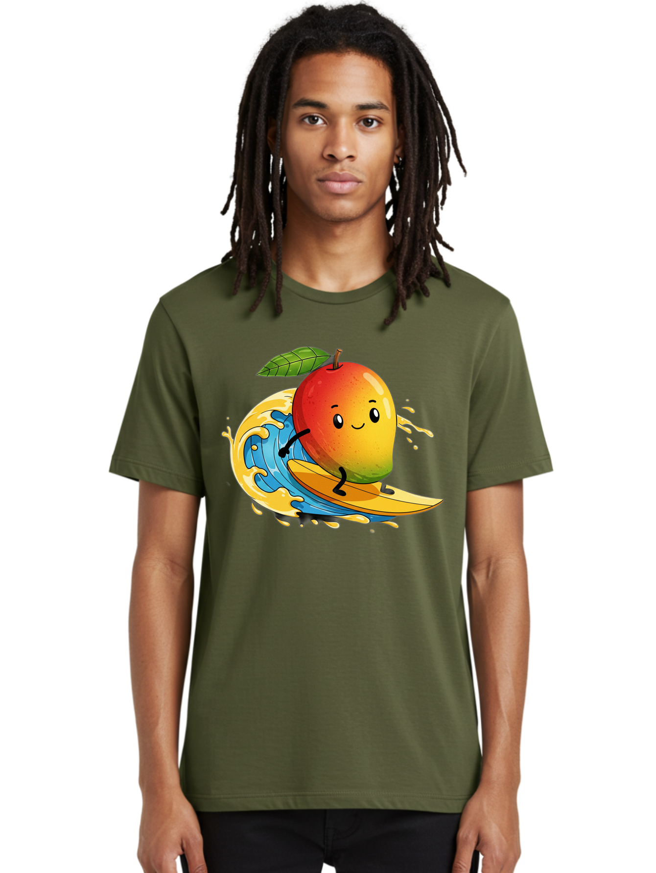 Mango-Surfing-1 Men'S Graphic Tee, 100% Cotton, Comfortable Casual Summer Wear, Machine Washable, Mango On Surfboard, Surfing Wave, Cartoon Fruit, Summer Fun, Beach Activity, Tropical Vibes, Happy Mango, Fruit Character, Playful Illustration Bac166
