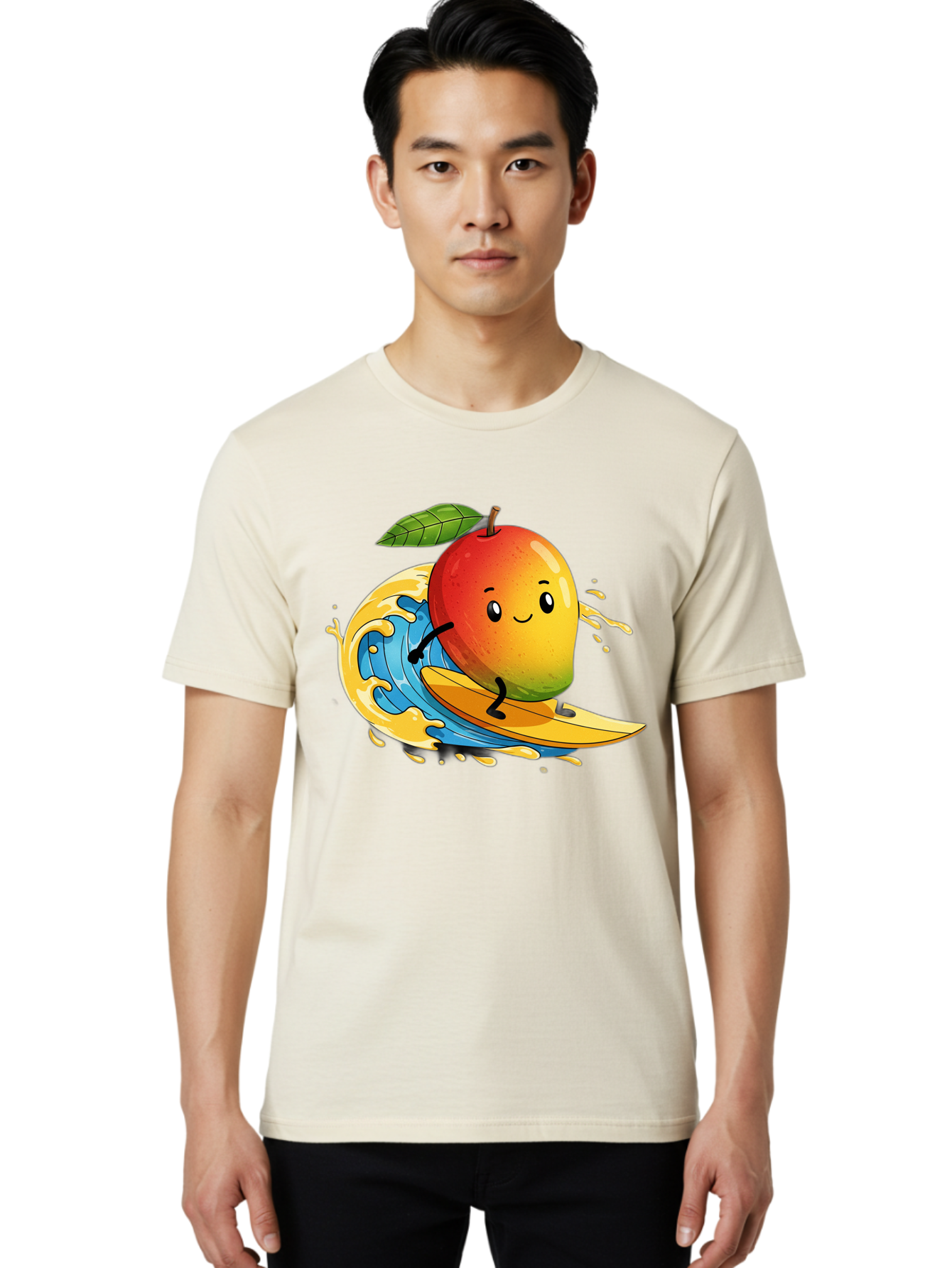 Mango-Surfing-1 Men'S Graphic Tee, 100% Cotton, Comfortable Casual Summer Wear, Machine Washable, Mango On Surfboard, Surfing Wave, Cartoon Fruit, Summer Fun, Beach Activity, Tropical Vibes, Happy Mango, Fruit Character, Playful Illustration Bac166