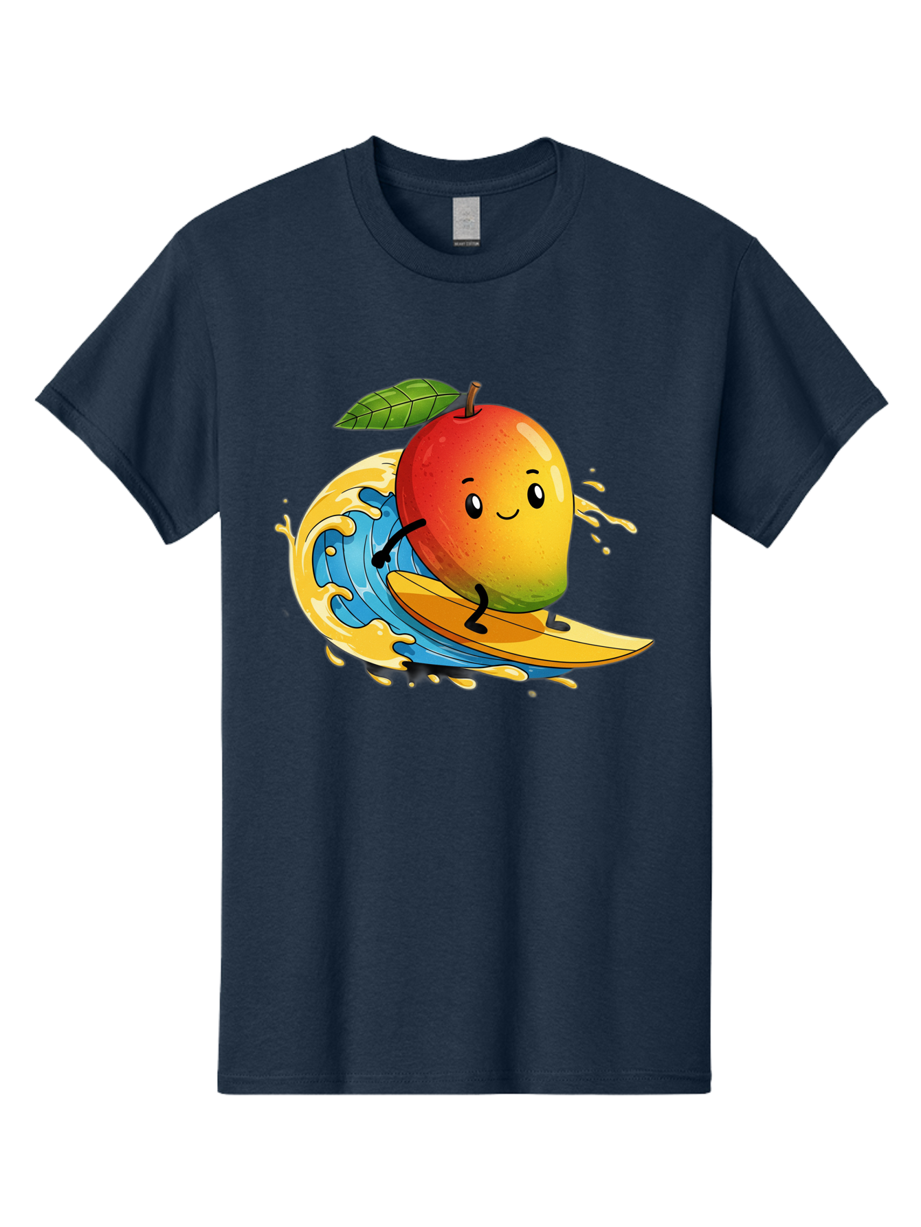 Mango-Surfing-1 Men'S Graphic Tee, 100% Cotton, Comfortable Casual Summer Wear, Machine Washable, Mango On Surfboard, Surfing Wave, Cartoon Fruit, Summer Fun, Beach Activity, Tropical Vibes, Happy Mango, Fruit Character, Playful Illustration Bac166