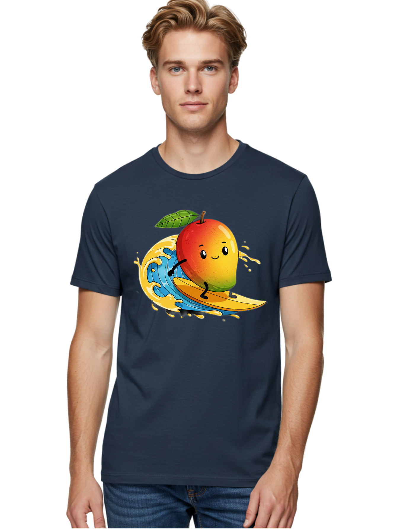 Mango-Surfing-1 Men'S Graphic Tee, 100% Cotton, Comfortable Casual Summer Wear, Machine Washable, Mango On Surfboard, Surfing Wave, Cartoon Fruit, Summer Fun, Beach Activity, Tropical Vibes, Happy Mango, Fruit Character, Playful Illustration Bac166