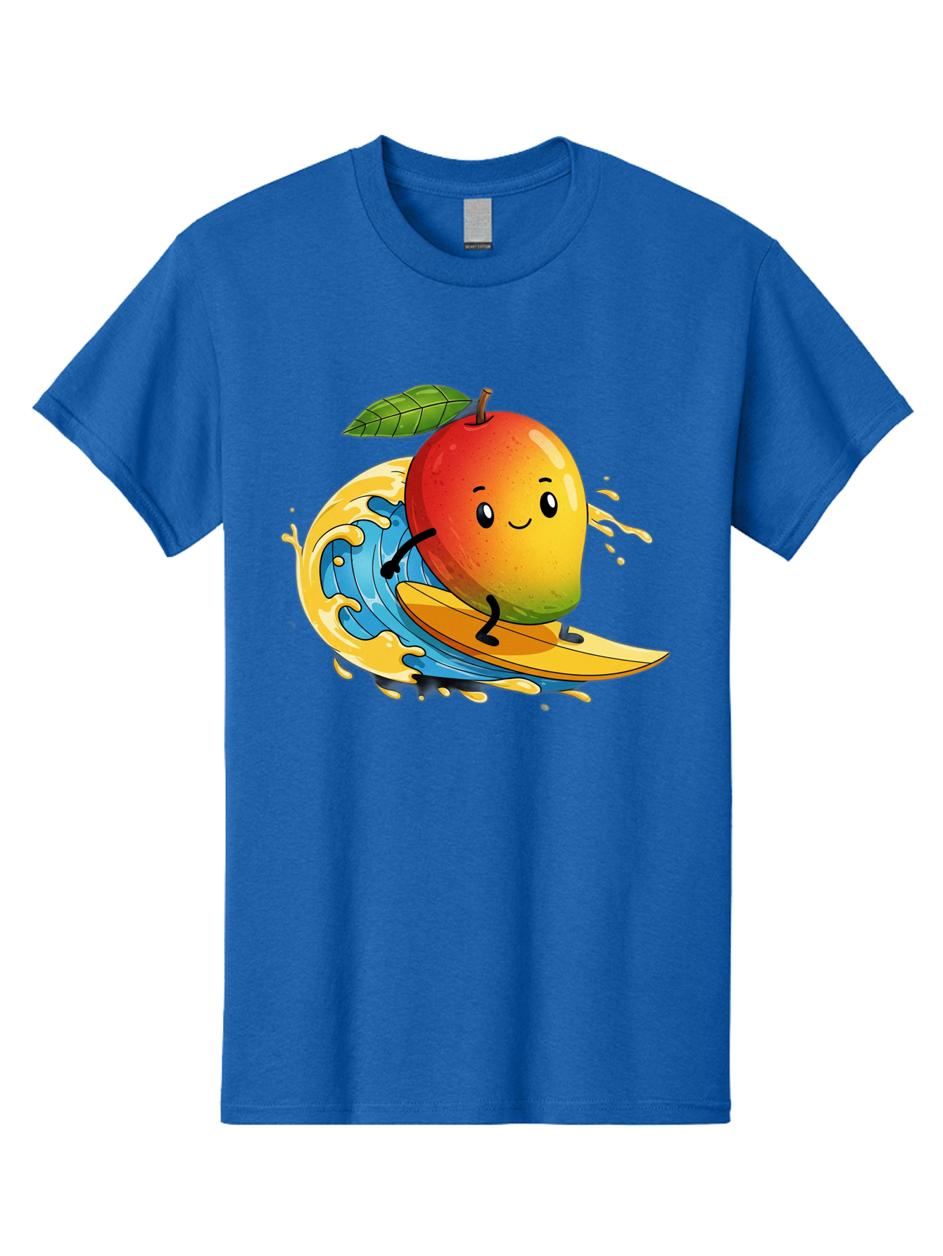 Mango-Surfing-1 Men'S Graphic Tee, 100% Cotton, Comfortable Casual Summer Wear, Machine Washable, Mango On Surfboard, Surfing Wave, Cartoon Fruit, Summer Fun, Beach Activity, Tropical Vibes, Happy Mango, Fruit Character, Playful Illustration Bac166