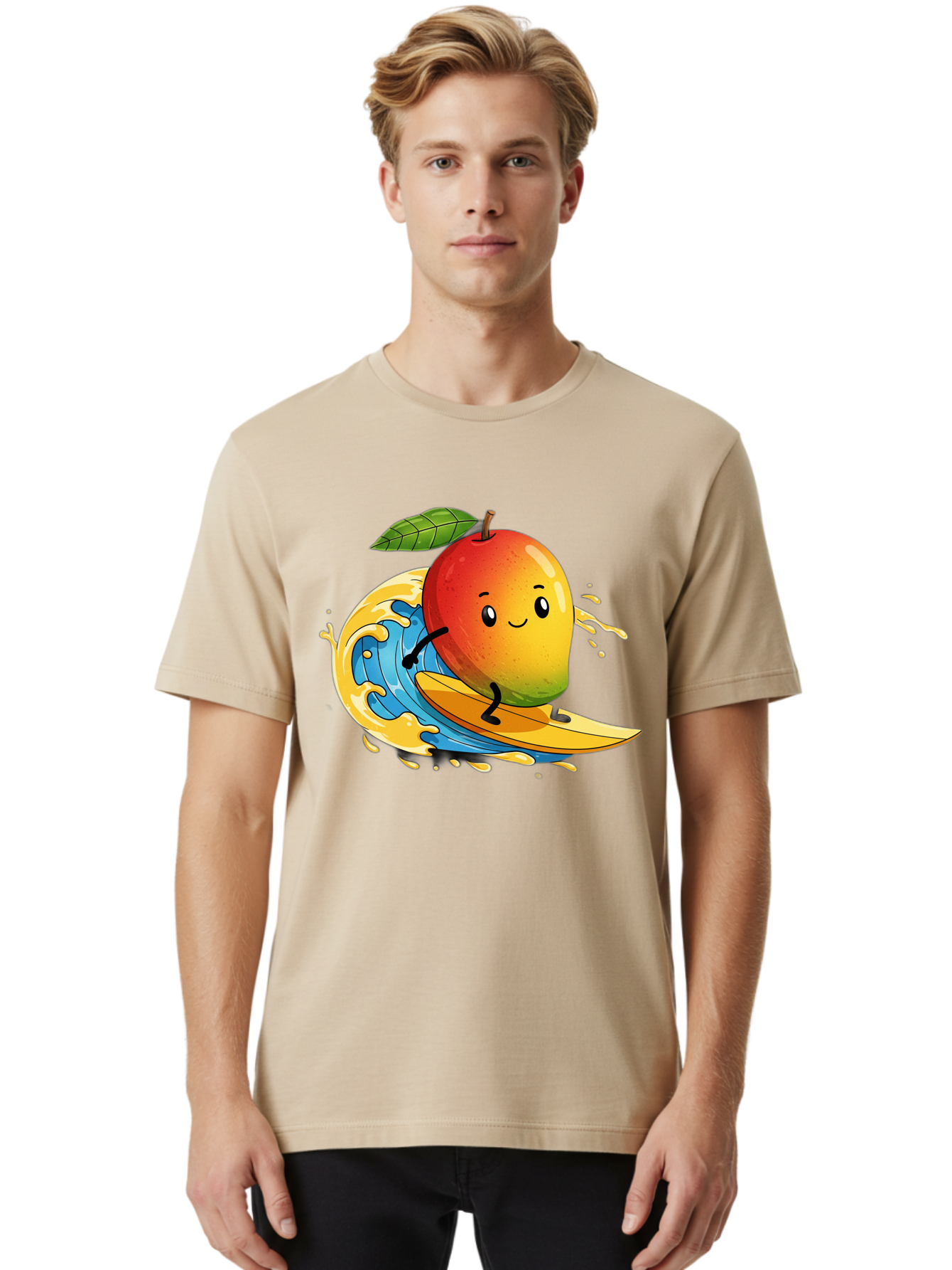 Mango-Surfing-1 Men'S Graphic Tee, 100% Cotton, Comfortable Casual Summer Wear, Machine Washable, Mango On Surfboard, Surfing Wave, Cartoon Fruit, Summer Fun, Beach Activity, Tropical Vibes, Happy Mango, Fruit Character, Playful Illustration Bac166