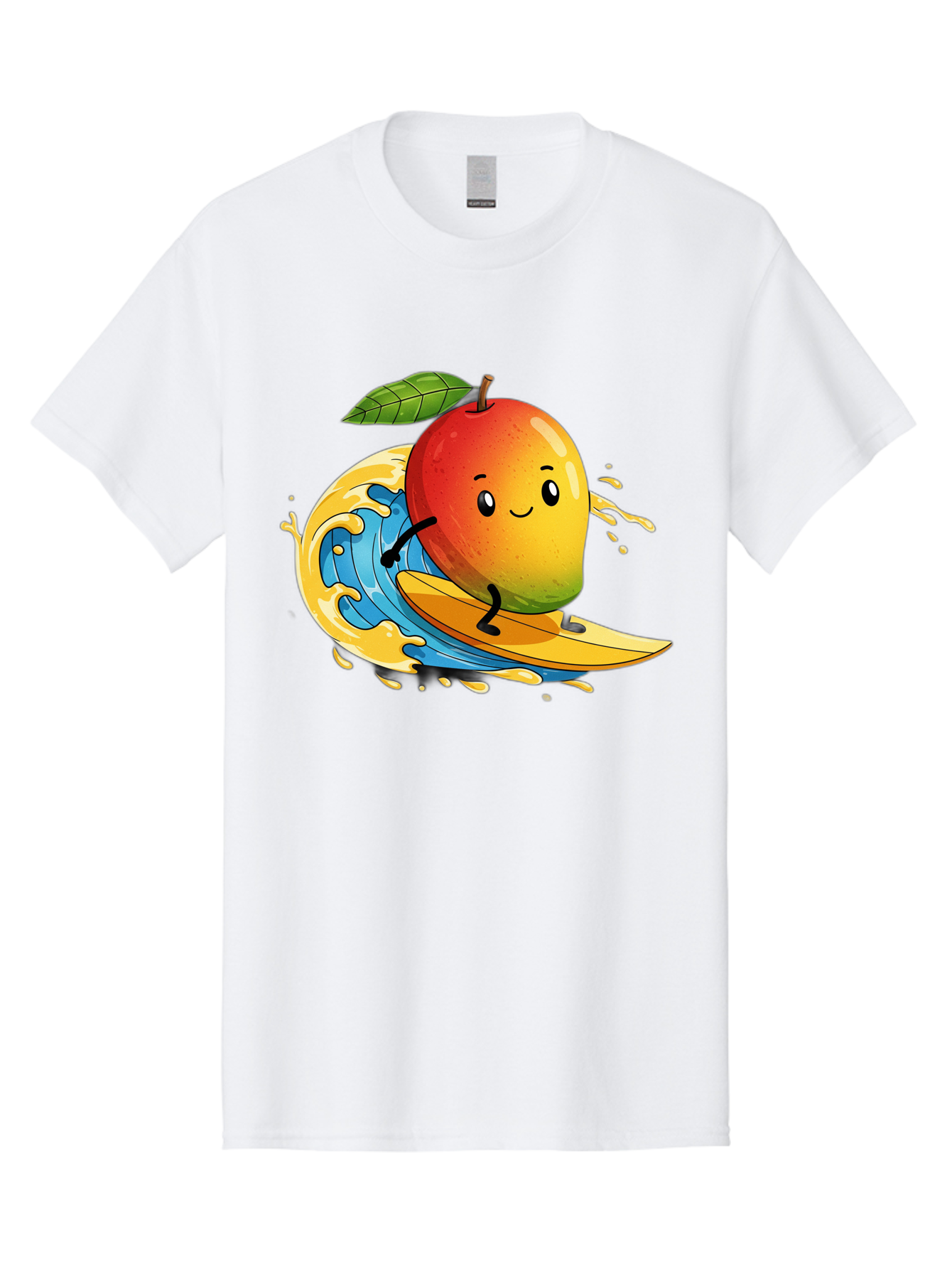 Mango-Surfing-1 Men'S Graphic Tee, 100% Cotton, Comfortable Casual Summer Wear, Machine Washable, Mango On Surfboard, Surfing Wave, Cartoon Fruit, Summer Fun, Beach Activity, Tropical Vibes, Happy Mango, Fruit Character, Playful Illustration Bac166