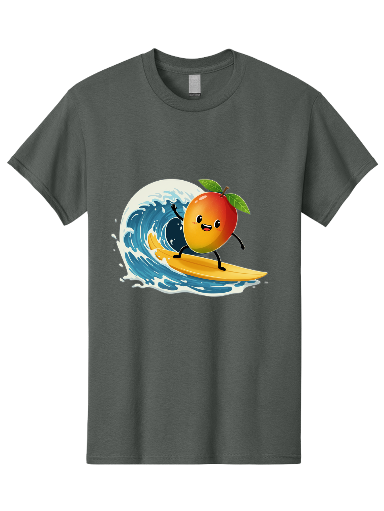 Mango-Surfing Men'S Graphic Tee, 100% Cotton, Comfortable Casual Summer Wear, Machine Washable, Cartoon Mango, Surfing Wave, Happy Face, Beach Fun, Summer Vibes, Ocean Wave, Surfing Cartoon, Playful Character, Cute Illustration Bac167