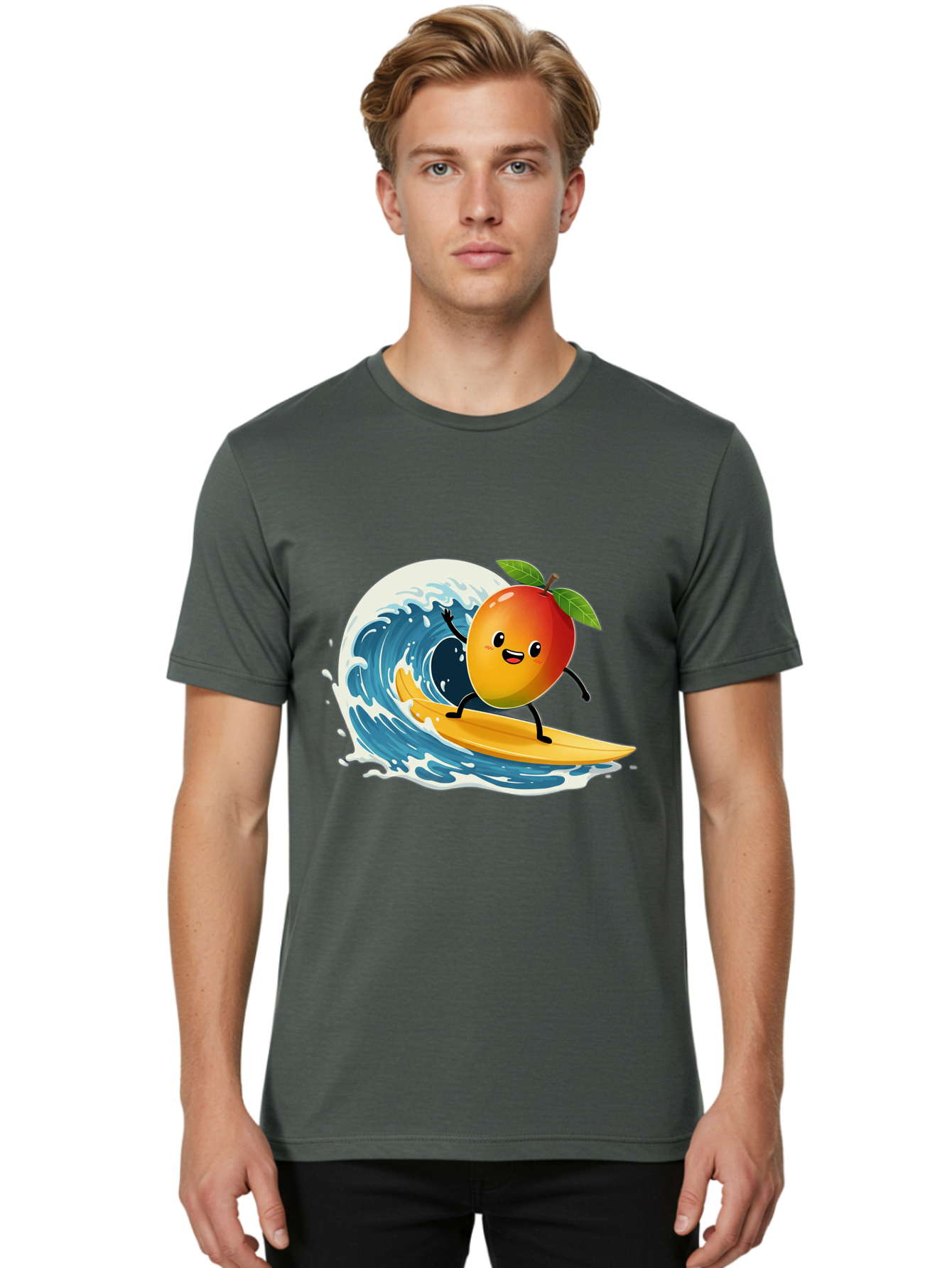 Mango-Surfing Men'S Graphic Tee, 100% Cotton, Comfortable Casual Summer Wear, Machine Washable, Cartoon Mango, Surfing Wave, Happy Face, Beach Fun, Summer Vibes, Ocean Wave, Surfing Cartoon, Playful Character, Cute Illustration Bac167