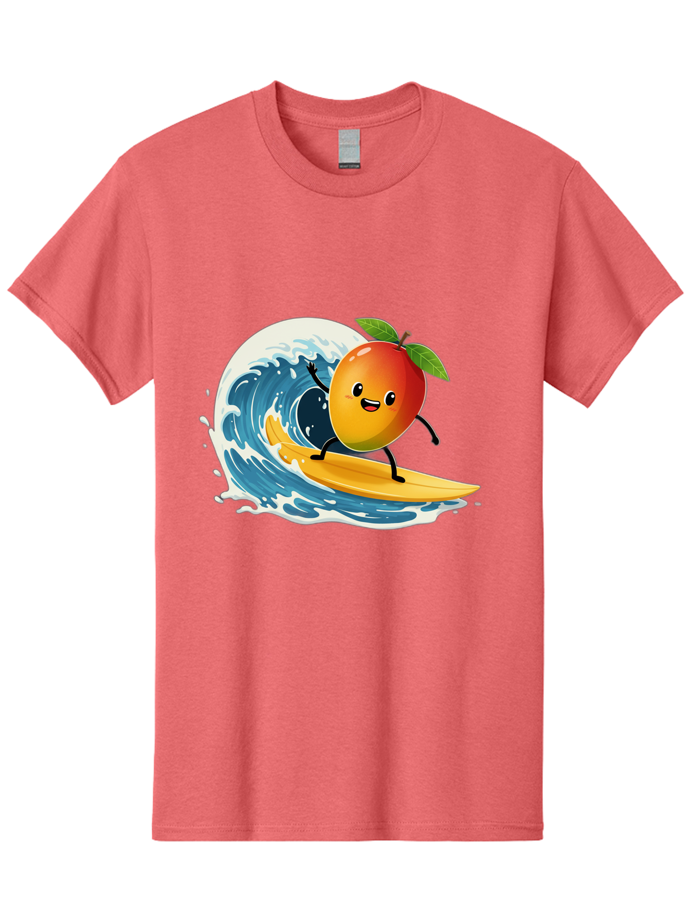 Mango-Surfing Men'S Graphic Tee, 100% Cotton, Comfortable Casual Summer Wear, Machine Washable, Cartoon Mango, Surfing Wave, Happy Face, Beach Fun, Summer Vibes, Ocean Wave, Surfing Cartoon, Playful Character, Cute Illustration Bac167