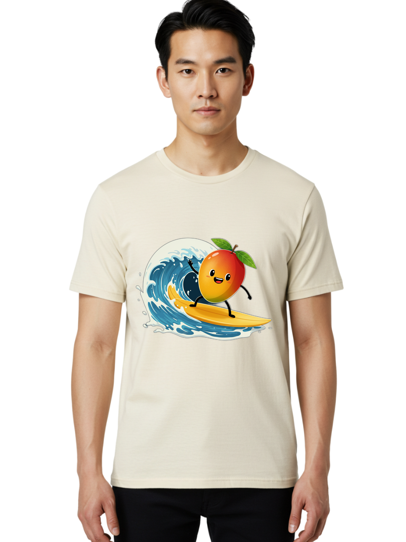 Mango-Surfing Men'S Graphic Tee, 100% Cotton, Comfortable Casual Summer Wear, Machine Washable, Cartoon Mango, Surfing Wave, Happy Face, Beach Fun, Summer Vibes, Ocean Wave, Surfing Cartoon, Playful Character, Cute Illustration Bac167
