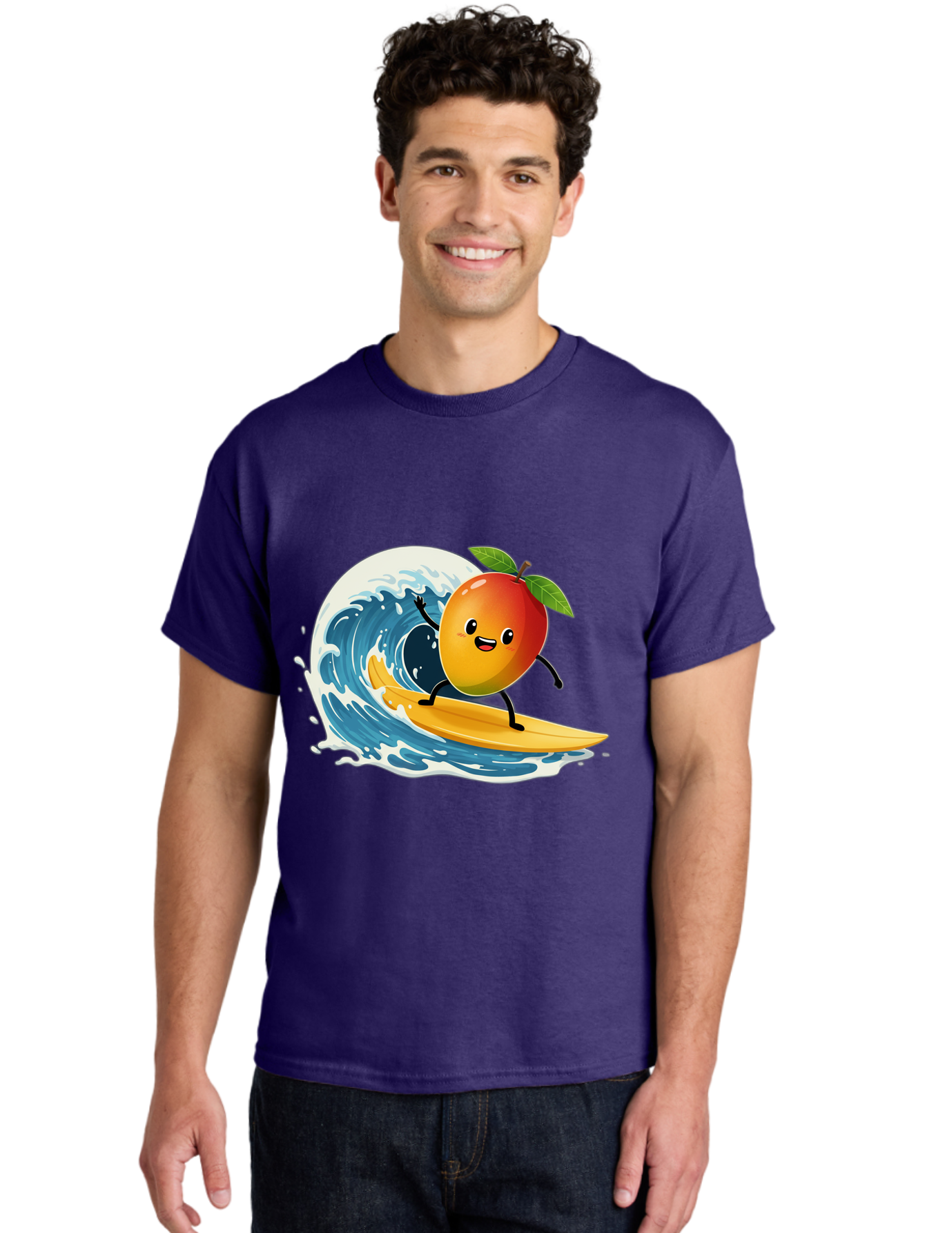 Mango-Surfing Men'S Graphic Tee, 100% Cotton, Comfortable Casual Summer Wear, Machine Washable, Cartoon Mango, Surfing Wave, Happy Face, Beach Fun, Summer Vibes, Ocean Wave, Surfing Cartoon, Playful Character, Cute Illustration Bac167