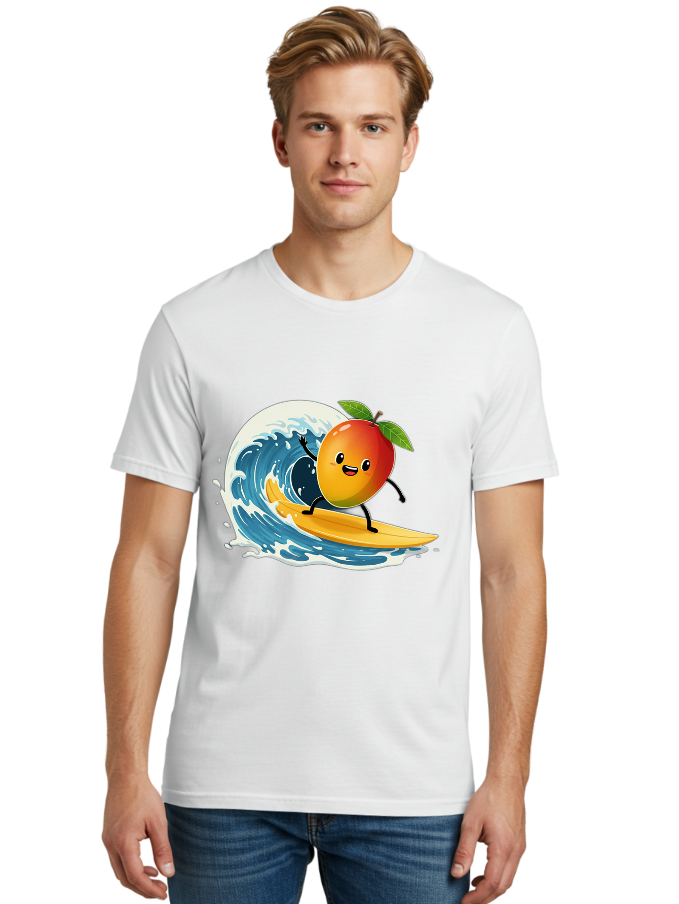 Mango-Surfing Men'S Graphic Tee, 100% Cotton, Comfortable Casual Summer Wear, Machine Washable, Cartoon Mango, Surfing Wave, Happy Face, Beach Fun, Summer Vibes, Ocean Wave, Surfing Cartoon, Playful Character, Cute Illustration Bac167