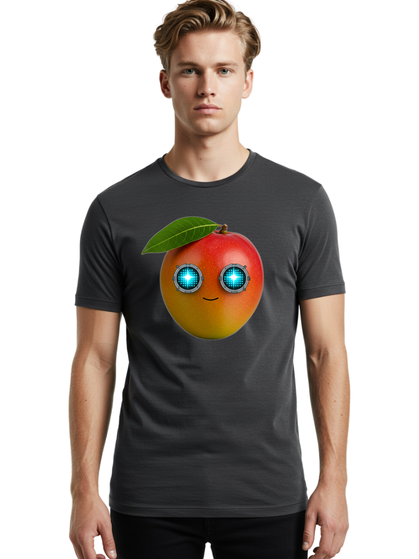 Mango-With-Cyborg-Eyes Men'S Graphic Tee, 100% Cotton, Comfortable Casual Summer Wear, Machine Washable, Mango Fruit, Robotic Eyes, Cyborg Fruit, Digital Eyes, Futuristic Design, Tech-Inspired Artwork, Fruit Character, Robotic Vision, Bac168
