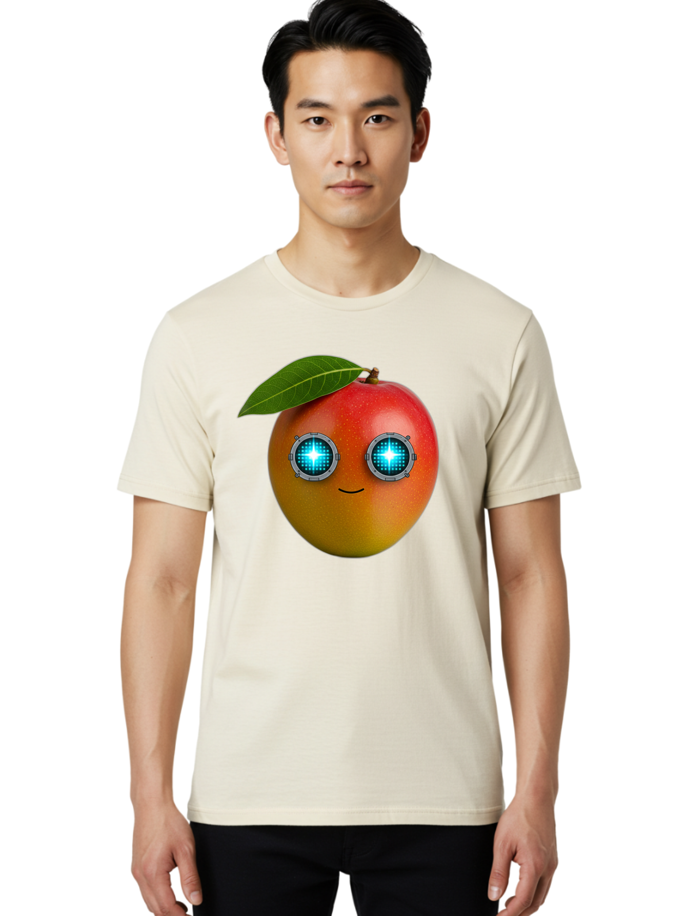 Mango-With-Cyborg-Eyes Men'S Graphic Tee, 100% Cotton, Comfortable Casual Summer Wear, Machine Washable, Mango Fruit, Robotic Eyes, Cyborg Fruit, Digital Eyes, Futuristic Design, Tech-Inspired Artwork, Fruit Character, Robotic Vision, Bac168