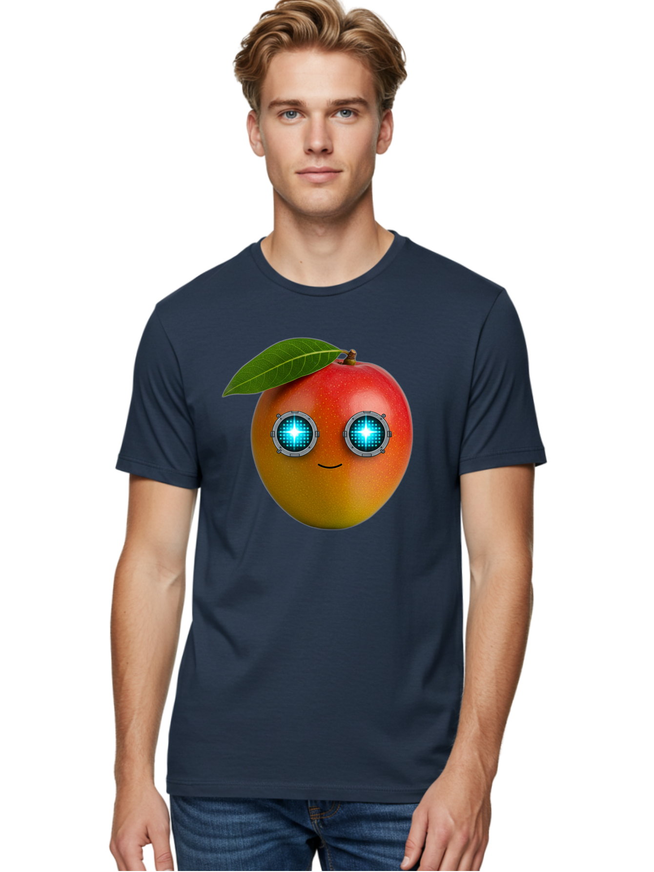 Mango-With-Cyborg-Eyes Men'S Graphic Tee, 100% Cotton, Comfortable Casual Summer Wear, Machine Washable, Mango Fruit, Robotic Eyes, Cyborg Fruit, Digital Eyes, Futuristic Design, Tech-Inspired Artwork, Fruit Character, Robotic Vision, Bac168