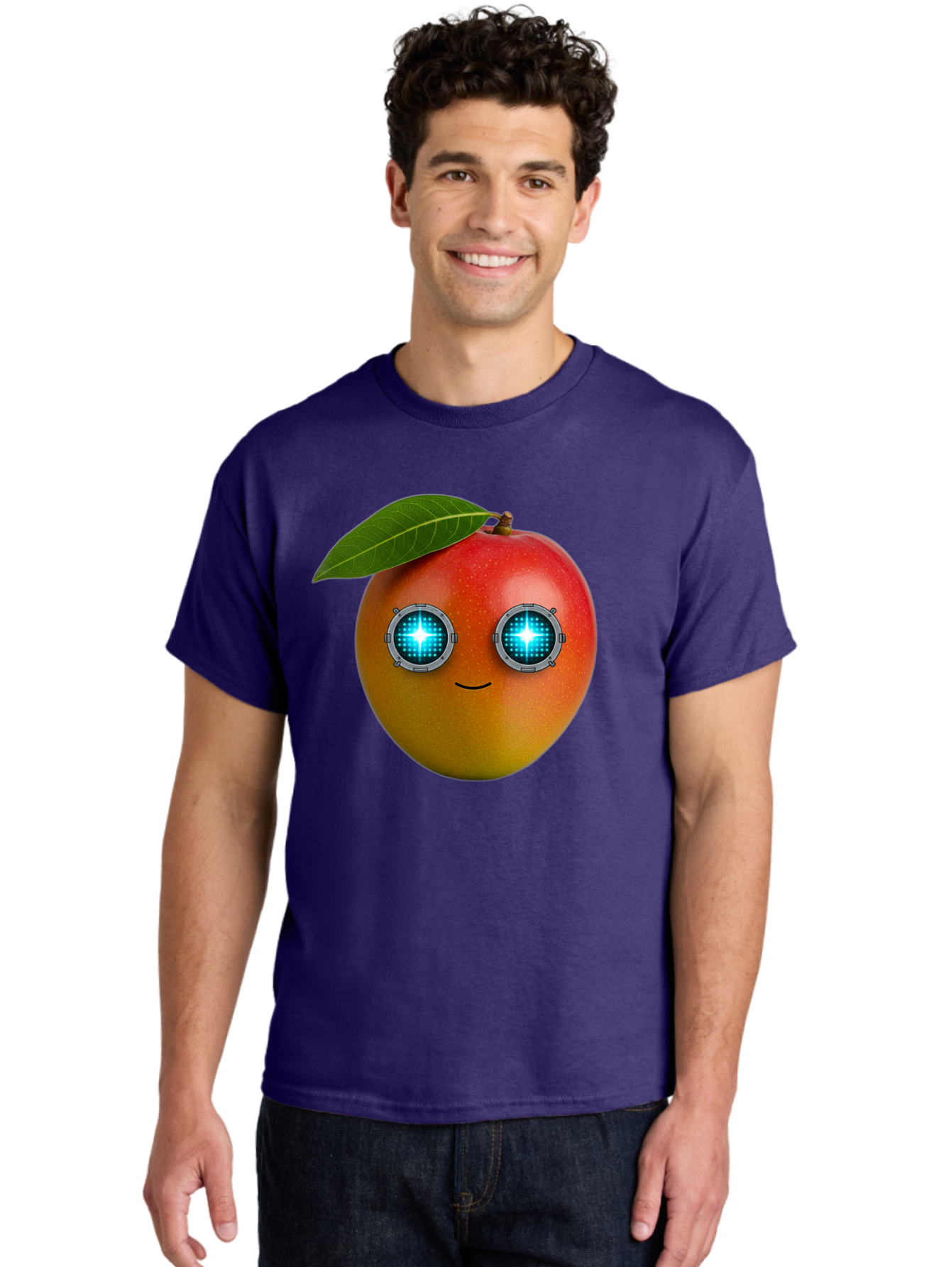 Mango-With-Cyborg-Eyes Men'S Graphic Tee, 100% Cotton, Comfortable Casual Summer Wear, Machine Washable, Mango Fruit, Robotic Eyes, Cyborg Fruit, Digital Eyes, Futuristic Design, Tech-Inspired Artwork, Fruit Character, Robotic Vision, Bac168