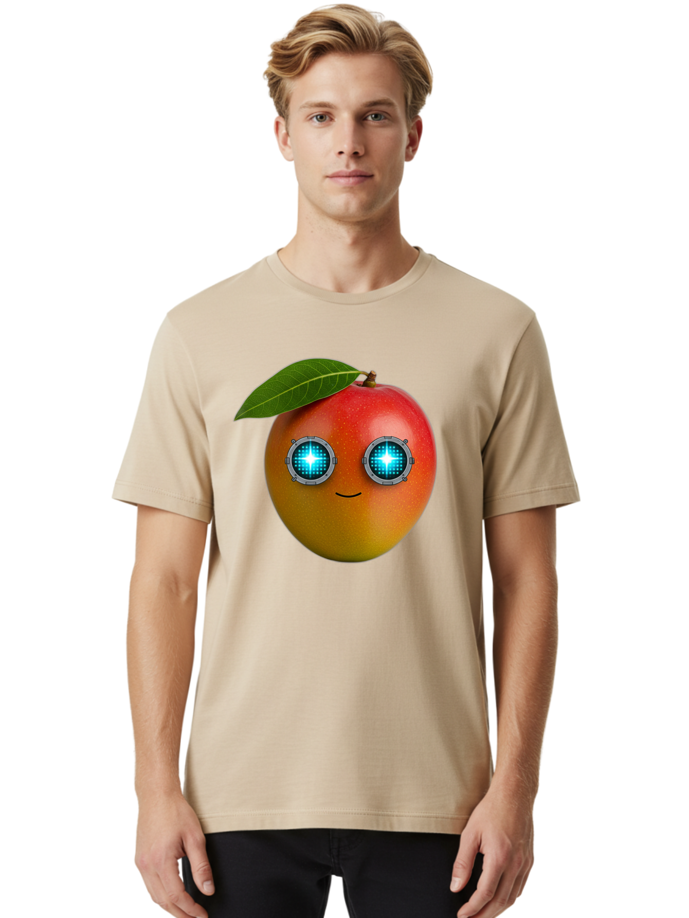 Mango-With-Cyborg-Eyes Men'S Graphic Tee, 100% Cotton, Comfortable Casual Summer Wear, Machine Washable, Mango Fruit, Robotic Eyes, Cyborg Fruit, Digital Eyes, Futuristic Design, Tech-Inspired Artwork, Fruit Character, Robotic Vision, Bac168