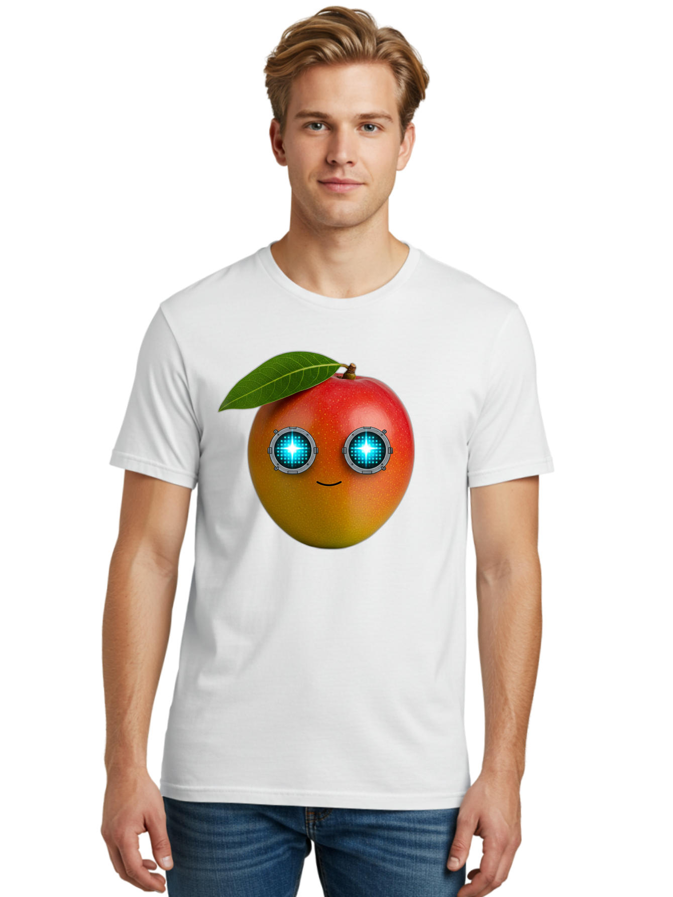 Mango-With-Cyborg-Eyes Men'S Graphic Tee, 100% Cotton, Comfortable Casual Summer Wear, Machine Washable, Mango Fruit, Robotic Eyes, Cyborg Fruit, Digital Eyes, Futuristic Design, Tech-Inspired Artwork, Fruit Character, Robotic Vision, Bac168
