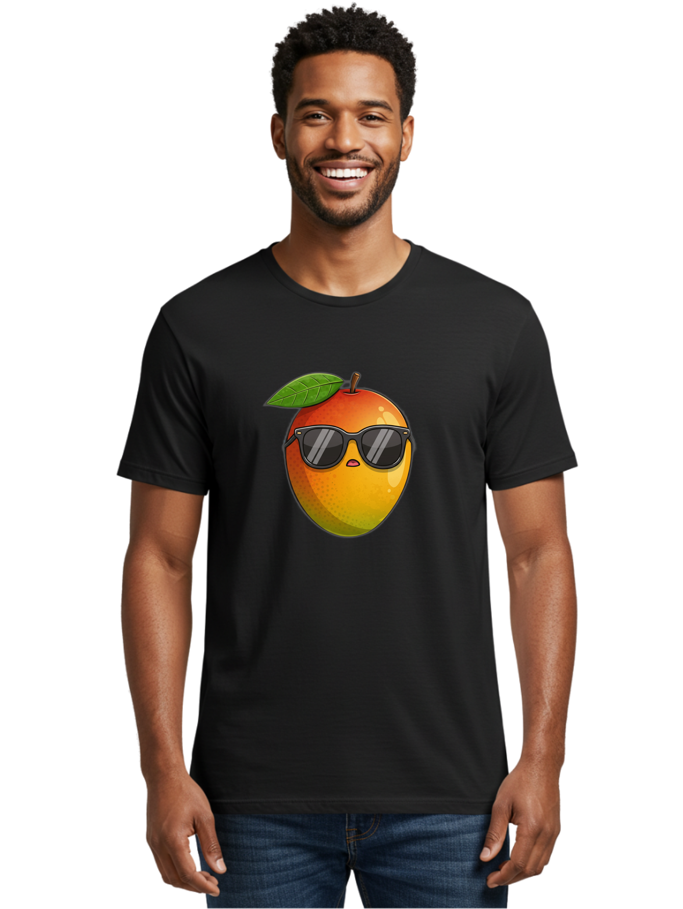 Mango-With-Shades Men'S Graphic Tee, 100% Cotton, Comfortable Casual Summer Wear, Machine Washable, Mango Character, Sunglasses, Leaf, Cartoon Style, Vibrant Colors, Funny Face, Trendy, Summer Vibes, Fruit Illustration, Kawaii Art Bac169