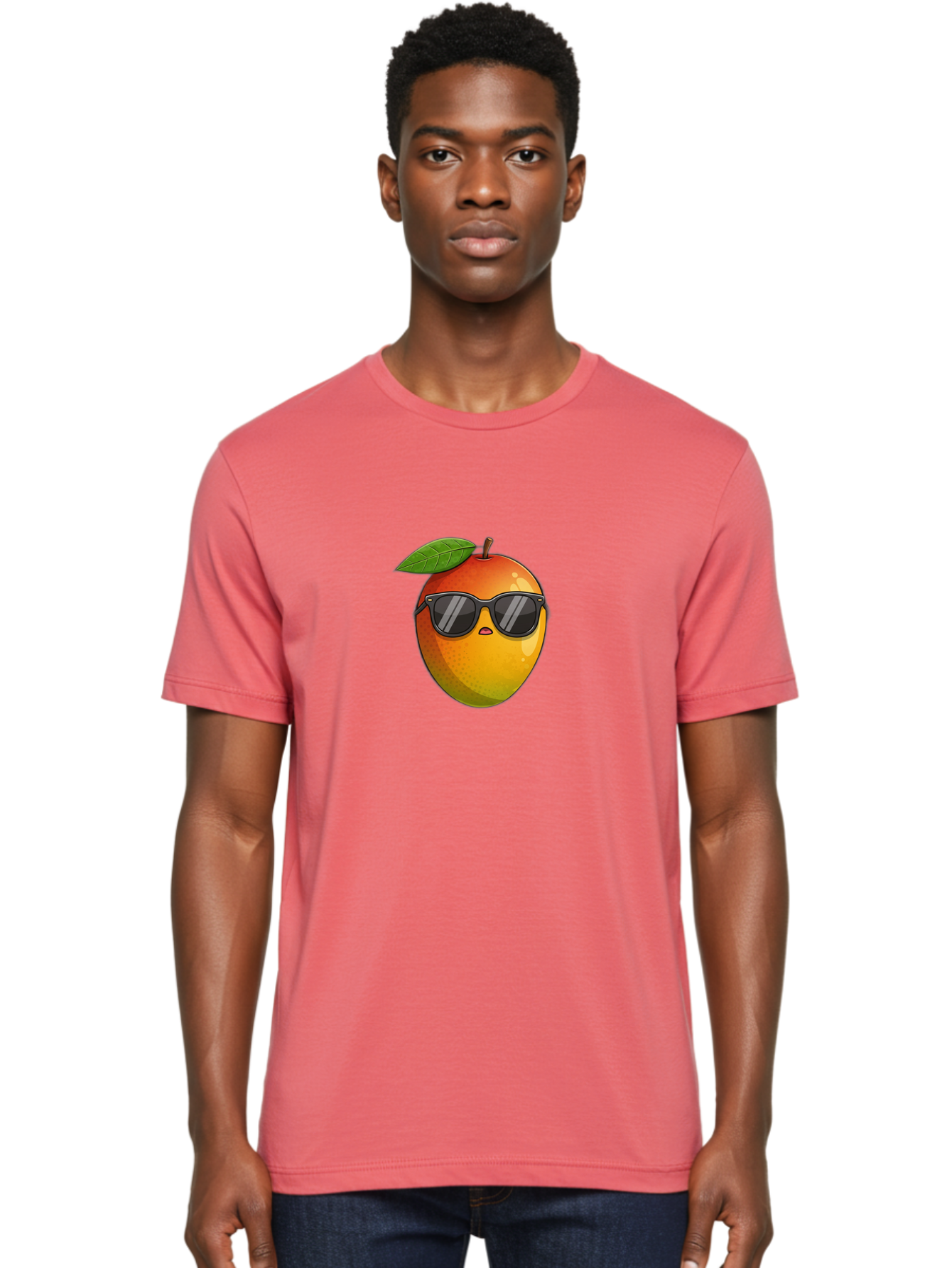 Mango-With-Shades Men'S Graphic Tee, 100% Cotton, Comfortable Casual Summer Wear, Machine Washable, Mango Character, Sunglasses, Leaf, Cartoon Style, Vibrant Colors, Funny Face, Trendy, Summer Vibes, Fruit Illustration, Kawaii Art Bac169