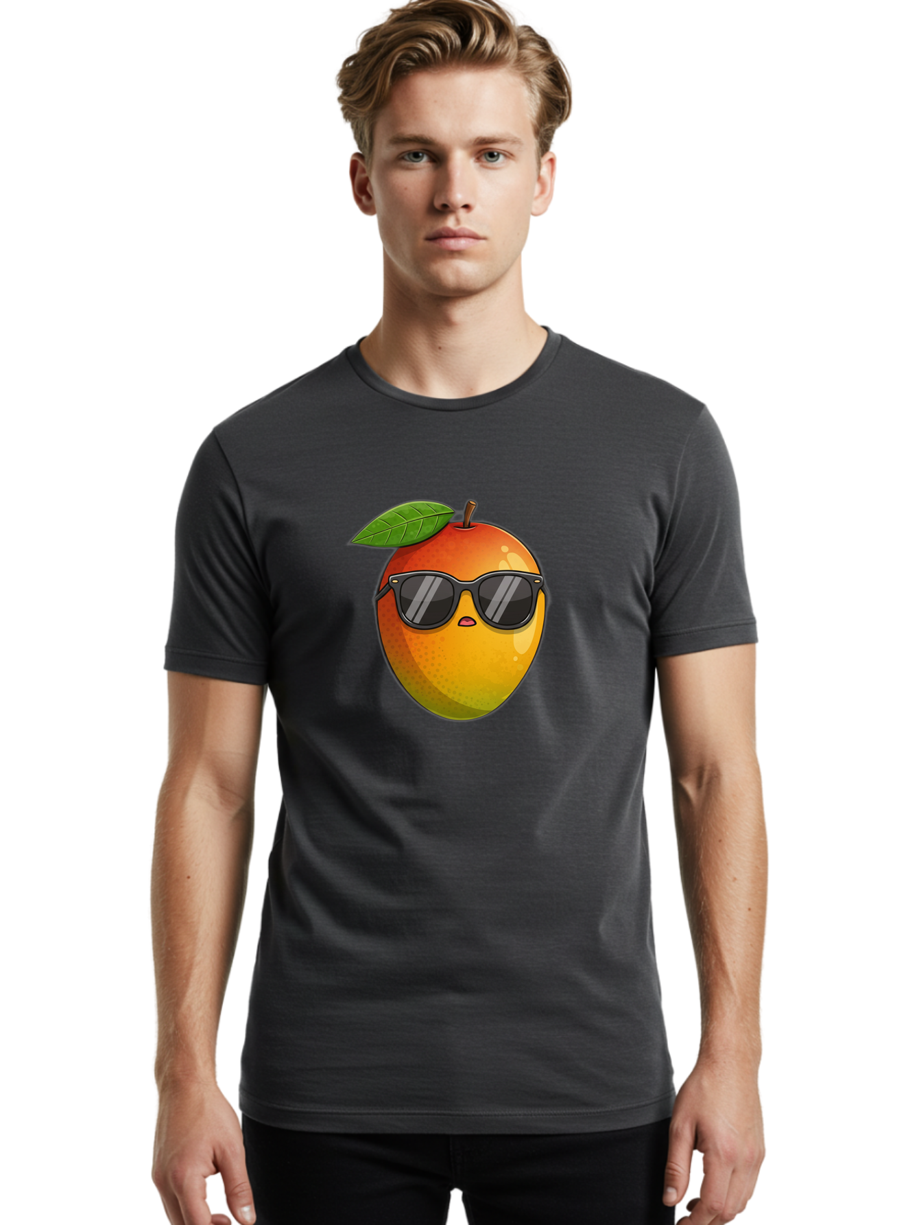 Mango-With-Shades Men'S Graphic Tee, 100% Cotton, Comfortable Casual Summer Wear, Machine Washable, Mango Character, Sunglasses, Leaf, Cartoon Style, Vibrant Colors, Funny Face, Trendy, Summer Vibes, Fruit Illustration, Kawaii Art Bac169