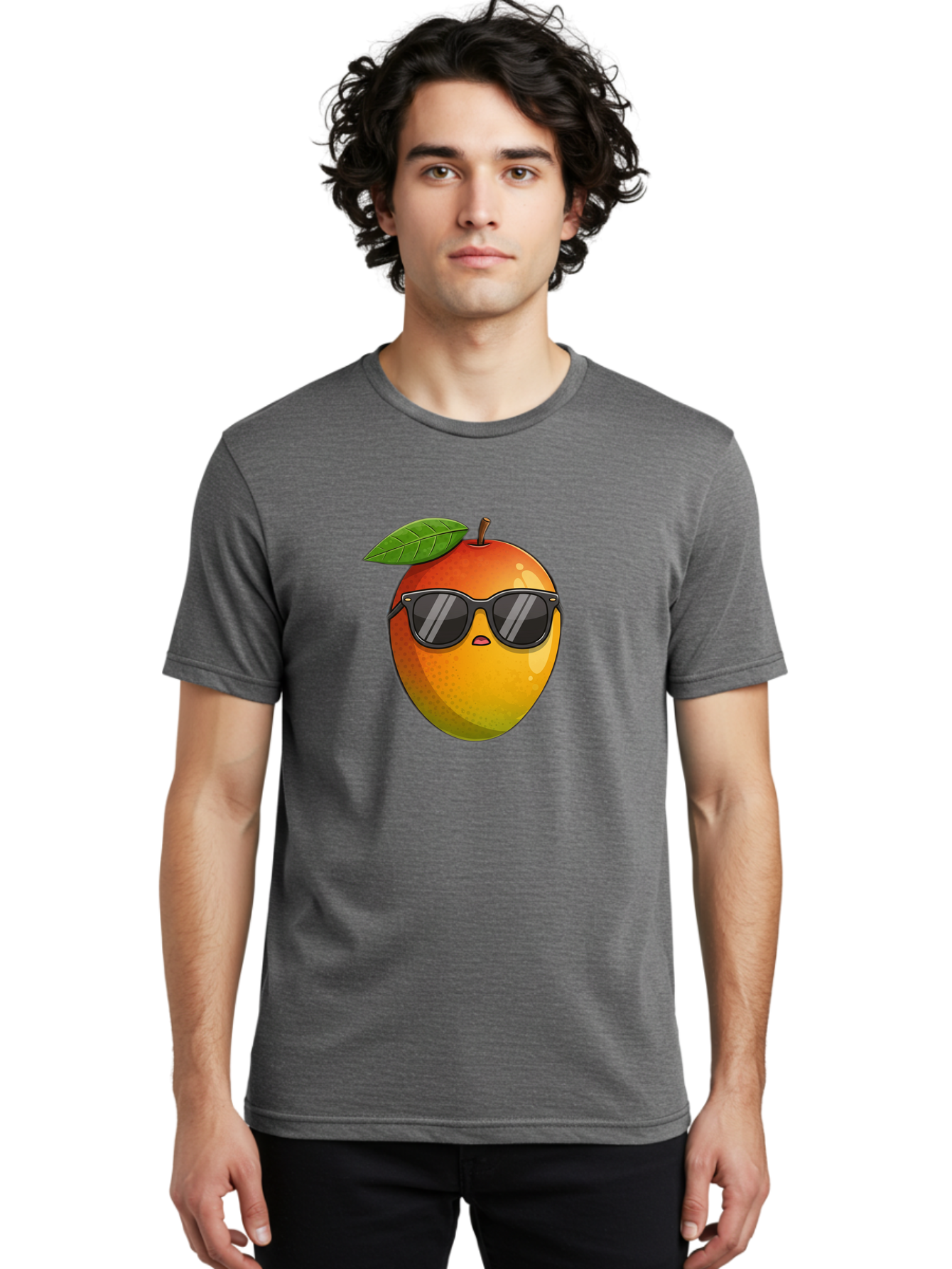 Mango-With-Shades Men'S Graphic Tee, 100% Cotton, Comfortable Casual Summer Wear, Machine Washable, Mango Character, Sunglasses, Leaf, Cartoon Style, Vibrant Colors, Funny Face, Trendy, Summer Vibes, Fruit Illustration, Kawaii Art Bac169