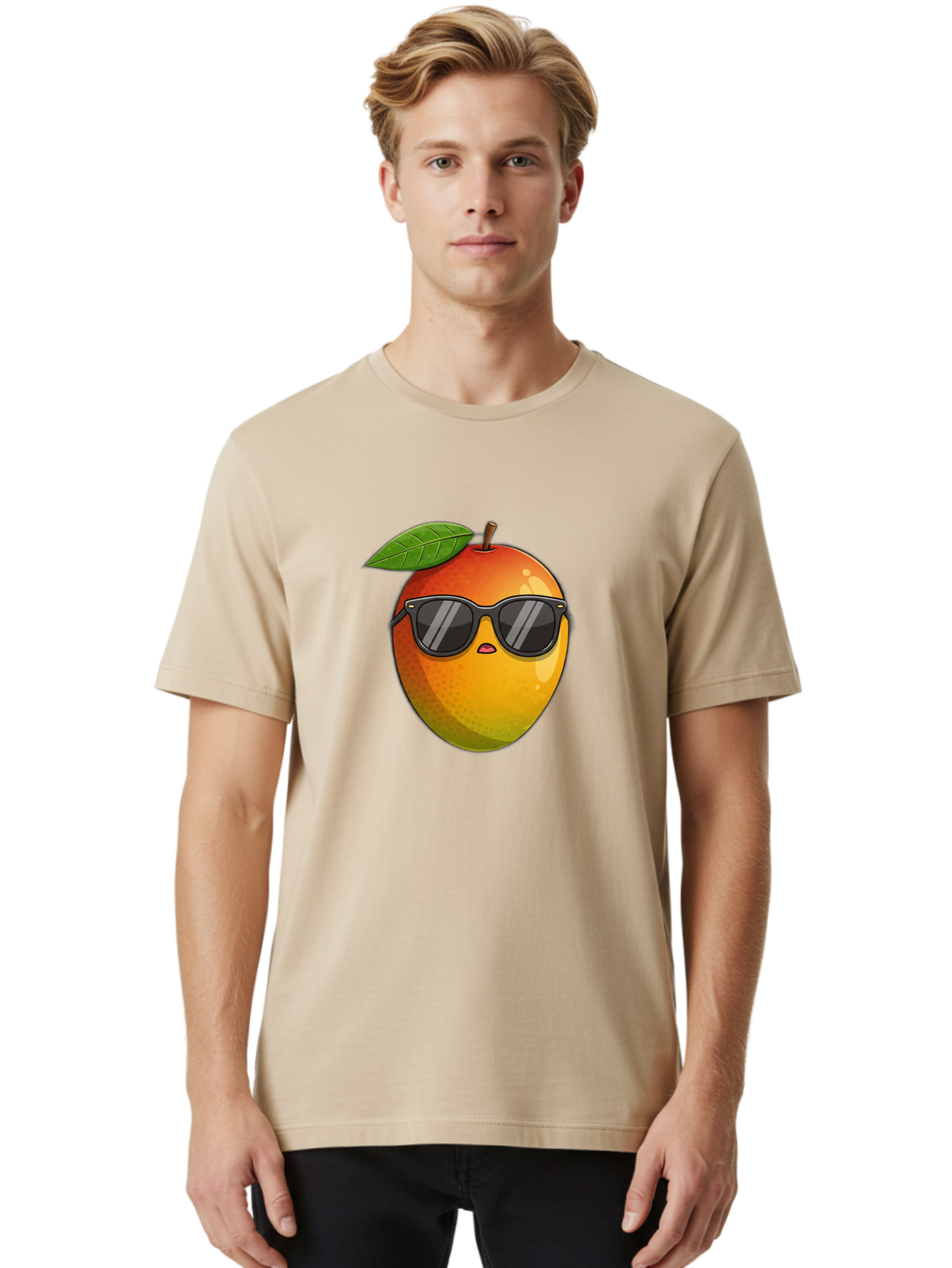 Mango-With-Shades Men'S Graphic Tee, 100% Cotton, Comfortable Casual Summer Wear, Machine Washable, Mango Character, Sunglasses, Leaf, Cartoon Style, Vibrant Colors, Funny Face, Trendy, Summer Vibes, Fruit Illustration, Kawaii Art Bac169