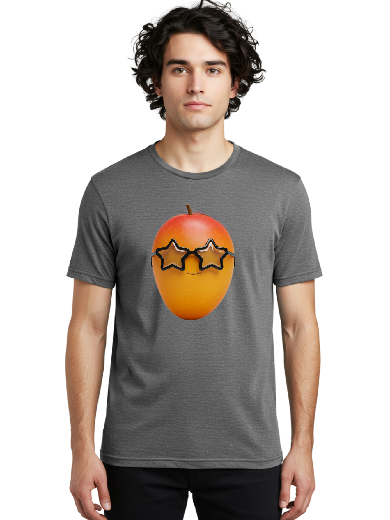 Mango-With-Star-Sunglasses Men'S Graphic Tee, 100% Cotton, Comfortable Casual Summer Wear, Machine Washable, Mango Fruit, Star-Shaped Sunglasses, Cool And Trendy, Vibrant Colors, Playful Vibe, Summer Vibes, Tropical Feel, Fresh Produce, Bac170