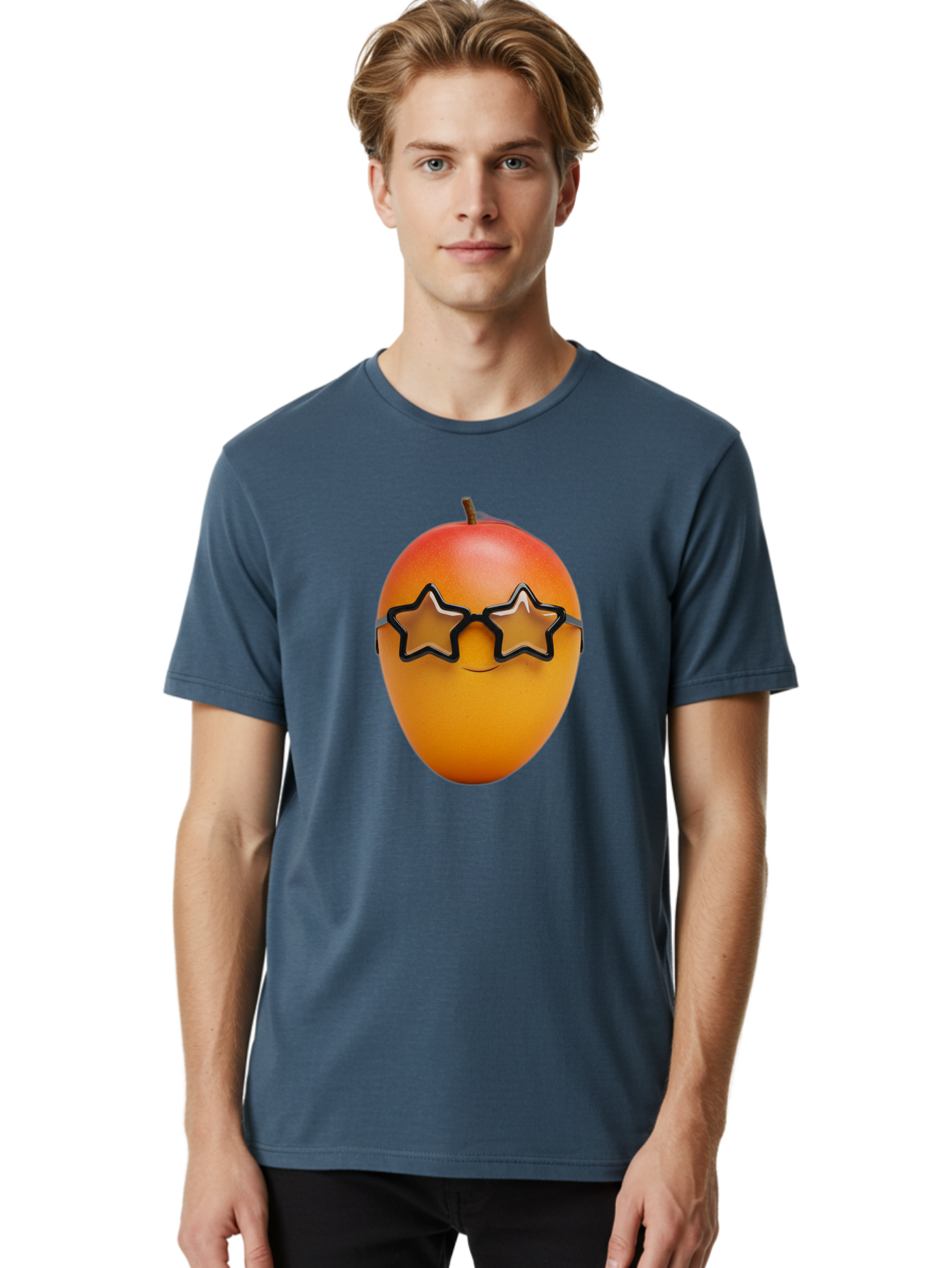 Mango-With-Star-Sunglasses Men'S Graphic Tee, 100% Cotton, Comfortable Casual Summer Wear, Machine Washable, Mango Fruit, Star-Shaped Sunglasses, Cool And Trendy, Vibrant Colors, Playful Vibe, Summer Vibes, Tropical Feel, Fresh Produce, Bac170
