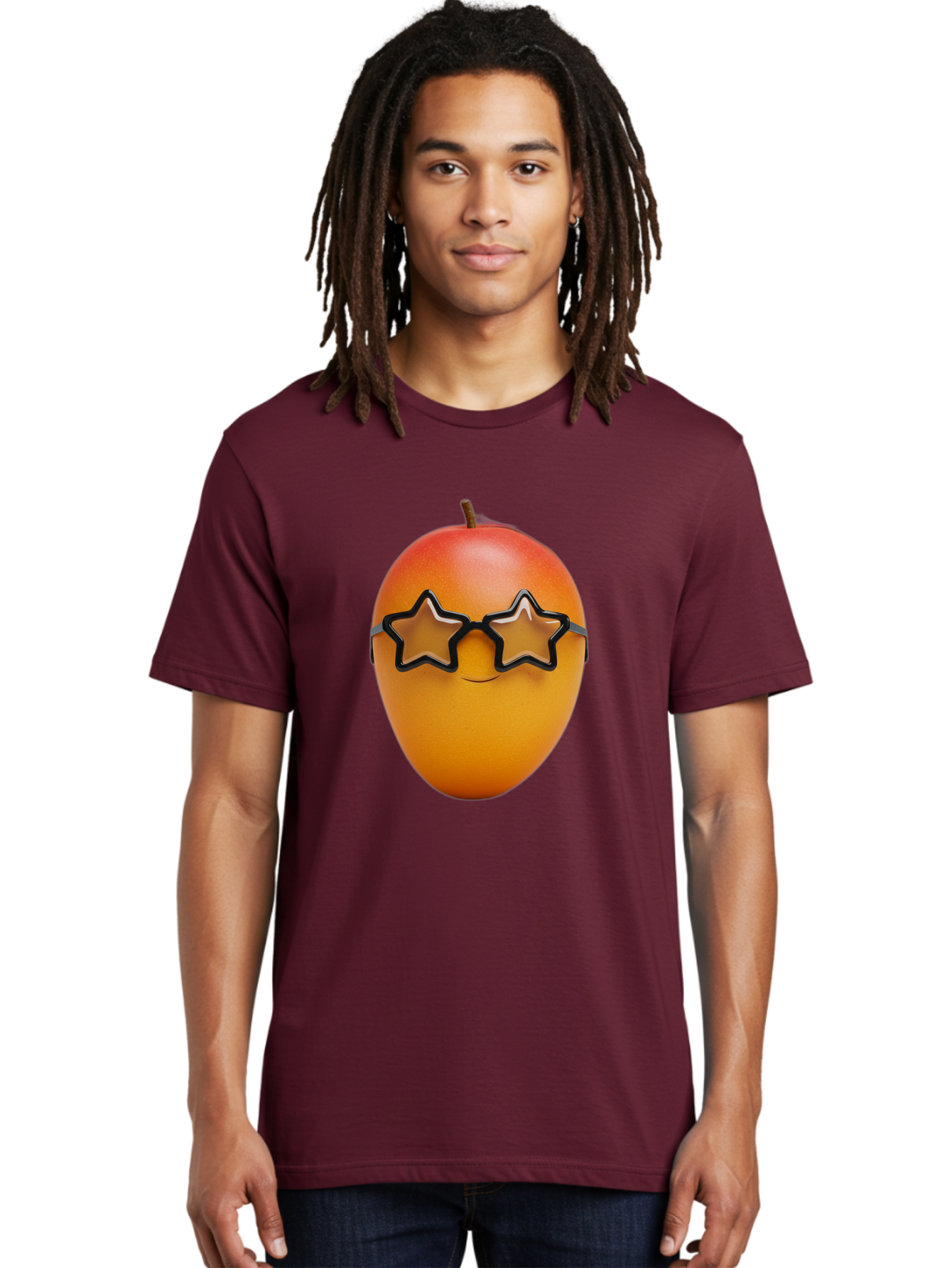Mango-With-Star-Sunglasses Men'S Graphic Tee, 100% Cotton, Comfortable Casual Summer Wear, Machine Washable, Mango Fruit, Star-Shaped Sunglasses, Cool And Trendy, Vibrant Colors, Playful Vibe, Summer Vibes, Tropical Feel, Fresh Produce, Bac170